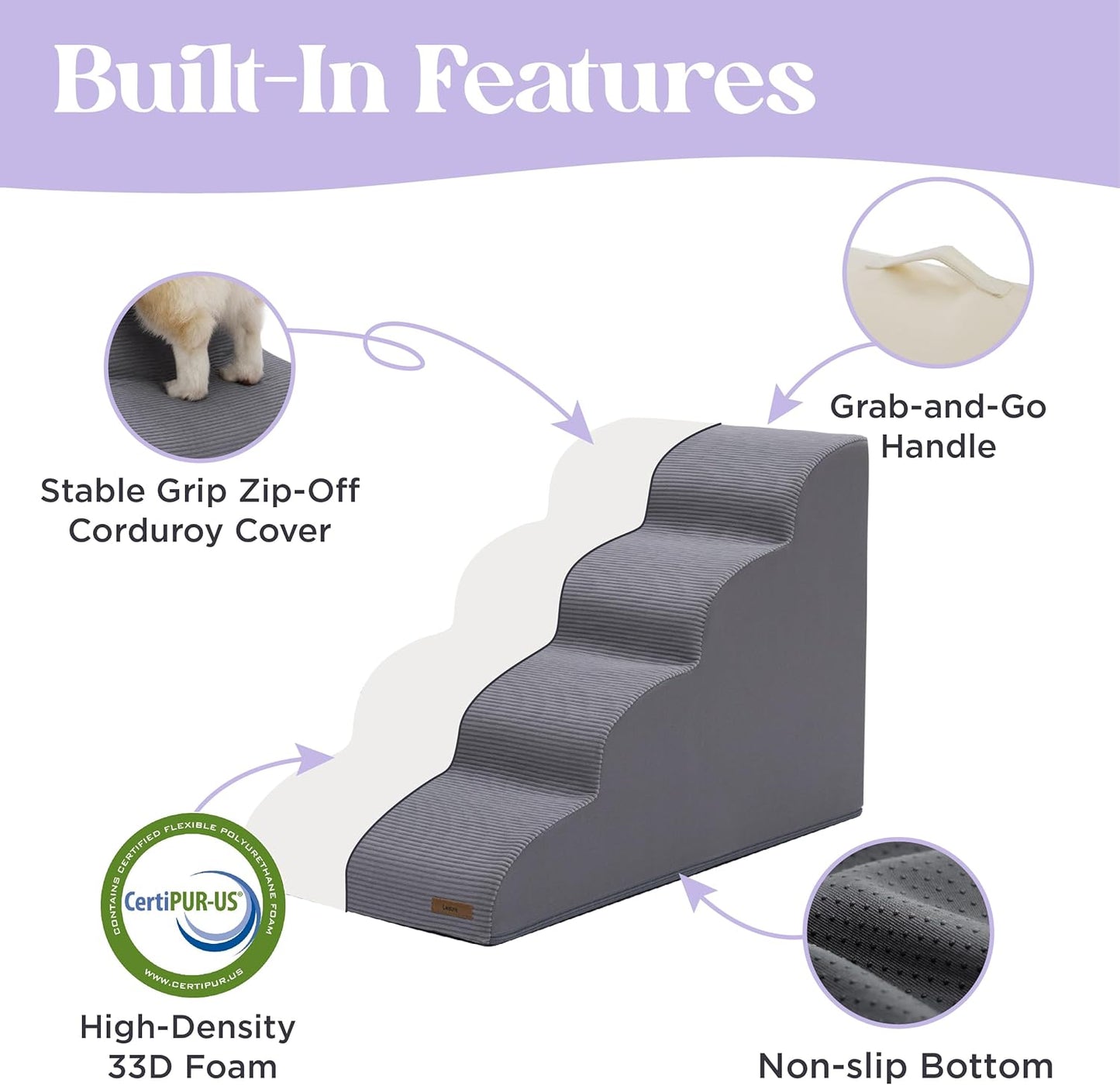 Lesure Dog Stairs for Small Dogs Pet Steps Ramp for High Bed and Couch with CertiPUR-US Certified Foam with Non-Slip Bottom, Grey, 4 Steps
