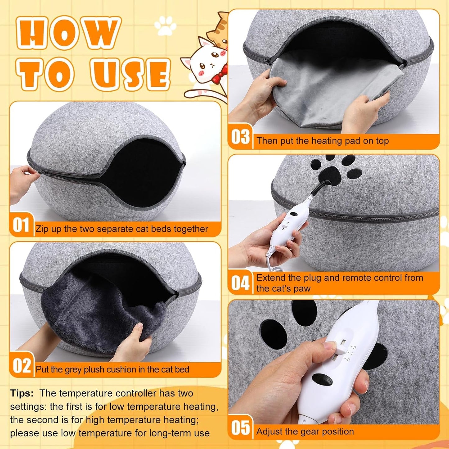 Heated Cat Bed, Indoor Heated Cat Cave, Warmer Thermal Pet Bed with Removable Waterproof Heater for Kitty Small Dogs Gray (18.1 x 15 x 9.8 Inches)