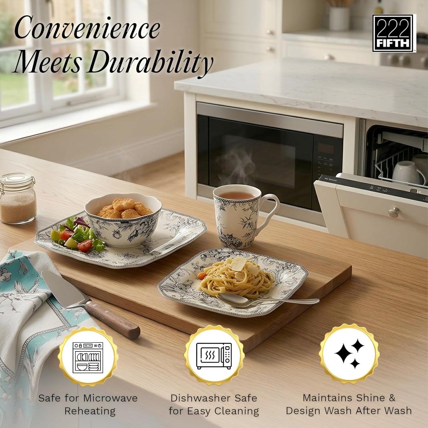 222 Fifth Adelaide 16-Piece Square Floral Dinnerware Set – Service for 4, Grey & White Porcelain Plates & Bowls, for Everyday Dining & Entertainment, Microwave & Dishwasher Safe, Chip Resistant