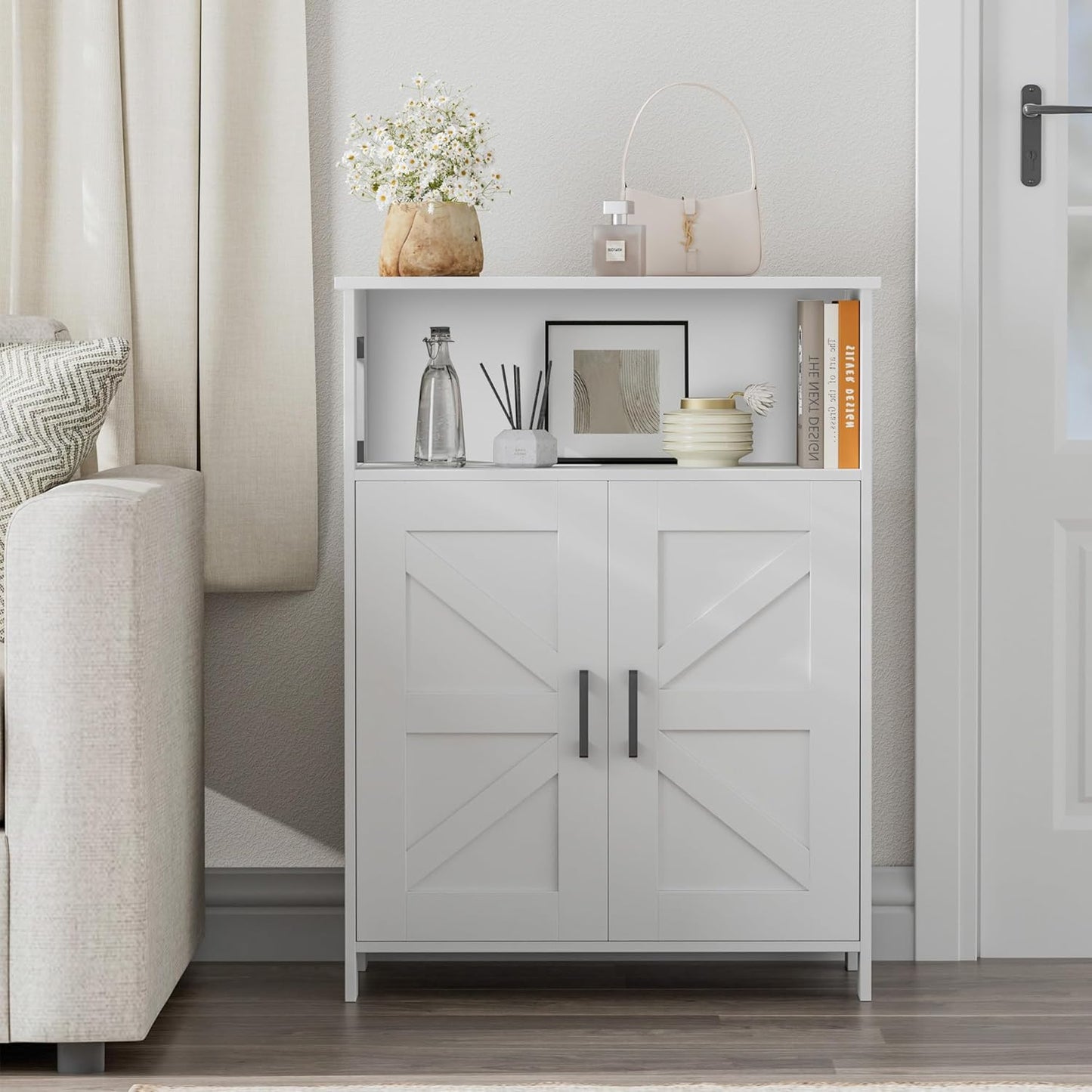 Homhedy Farmhouse Bathroom Storage Cabinet with 2 Doors, Toilet Paper Cabinet with Adjustable Shelves, Small Bathroom Cabinet for Kitchen/Laundry/Living Room, 11.8 x 23.6 x 31.5 Inches, White