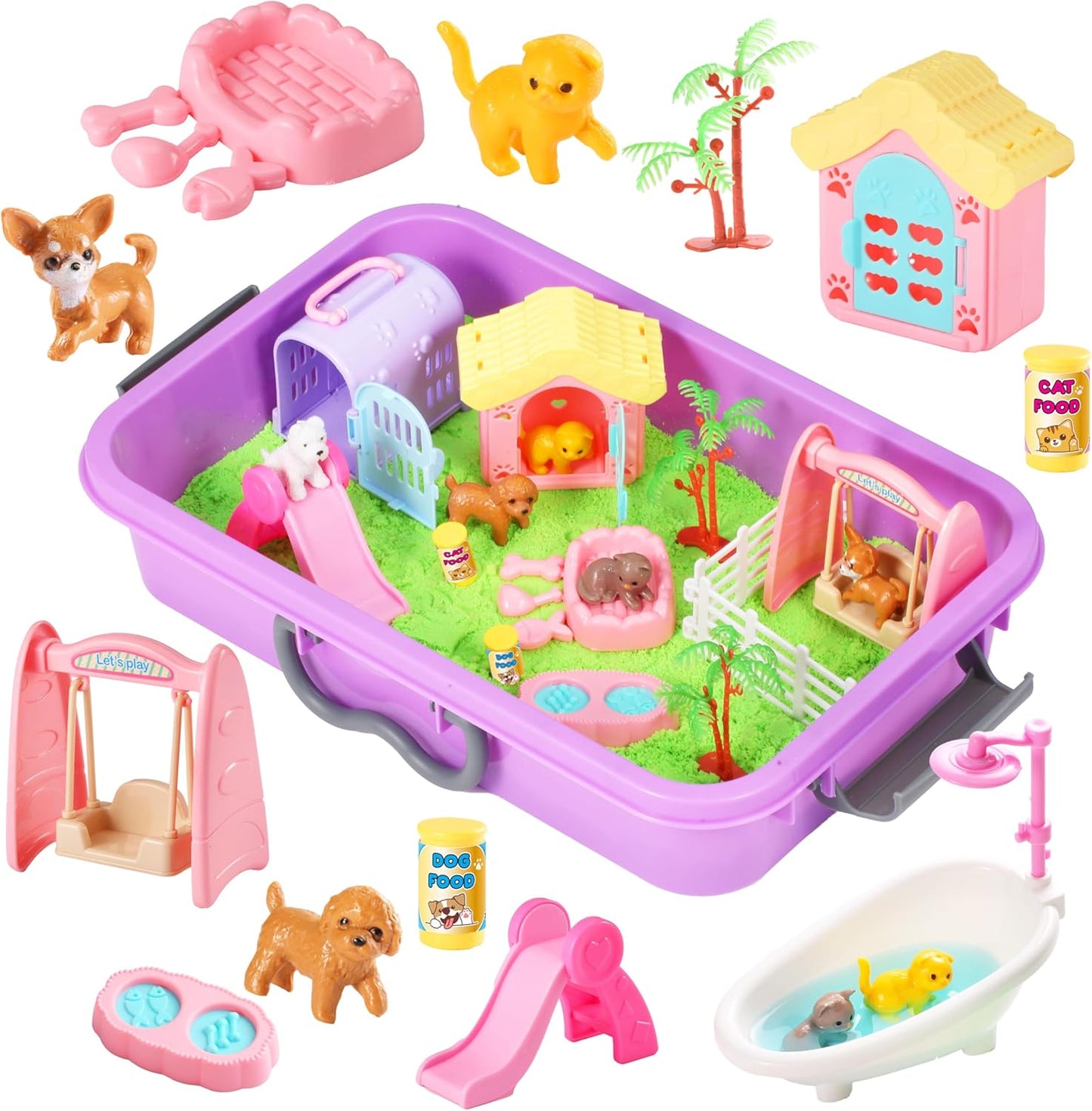 Pet Sensory bin,Dog and Cat Sandbox for Kids,Kids Play Sand Kit,Pet Play Set with Sensory Sand,Pet Care Play Set,Role Pretend Play Beach Toy Birthday Gift for Girls Boys 3 4 5 6 Years Old