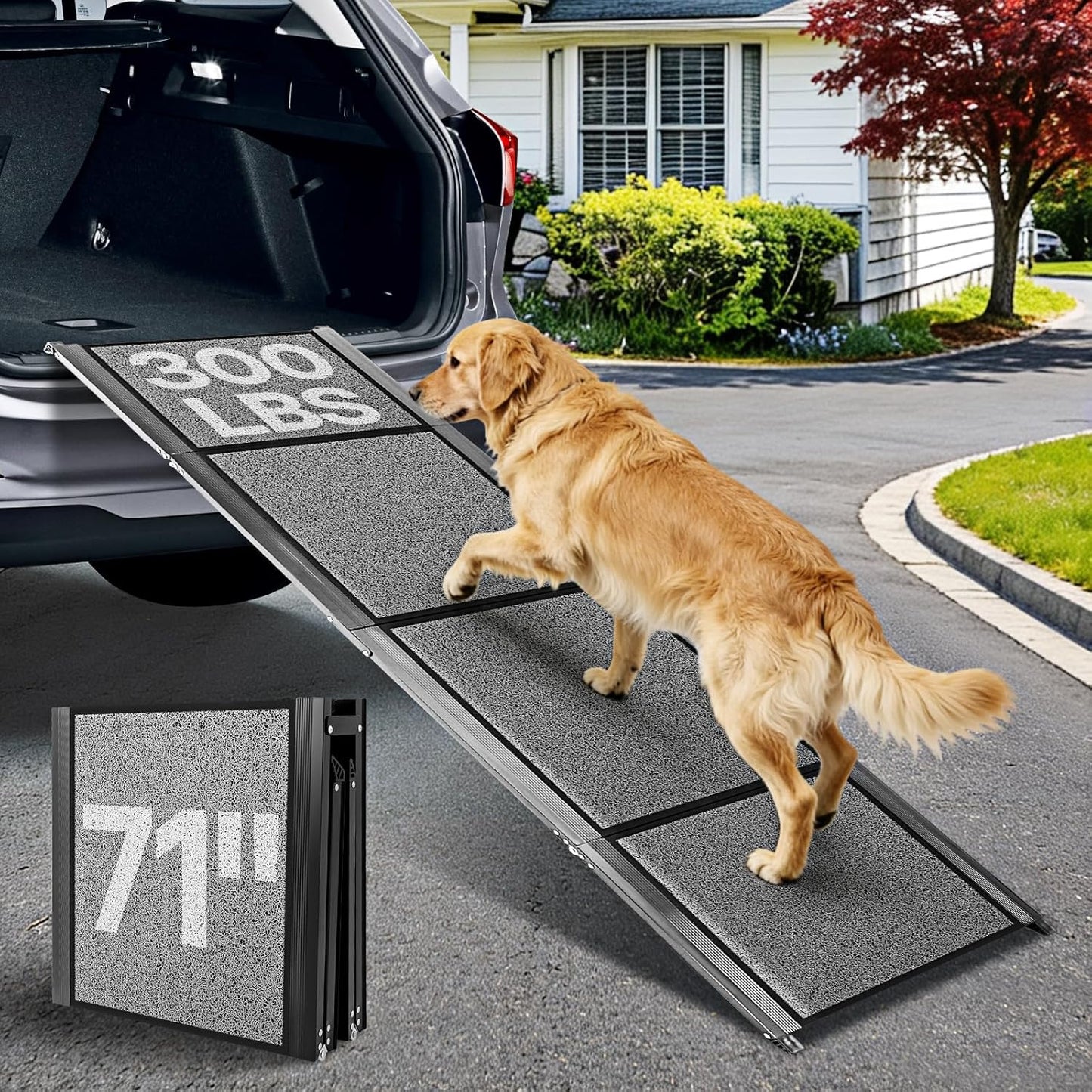 71''x 20'' Dog Ramp for Car, Pet Ramp for Large Dogs Up to 300LBS, Foldable Dog Car Ramp, Dog Stairs Steps with Waterproof & Non-Slip Rug Surface for Truck, SUV, Indoor & Outdoor(Wire Loop Fabric)