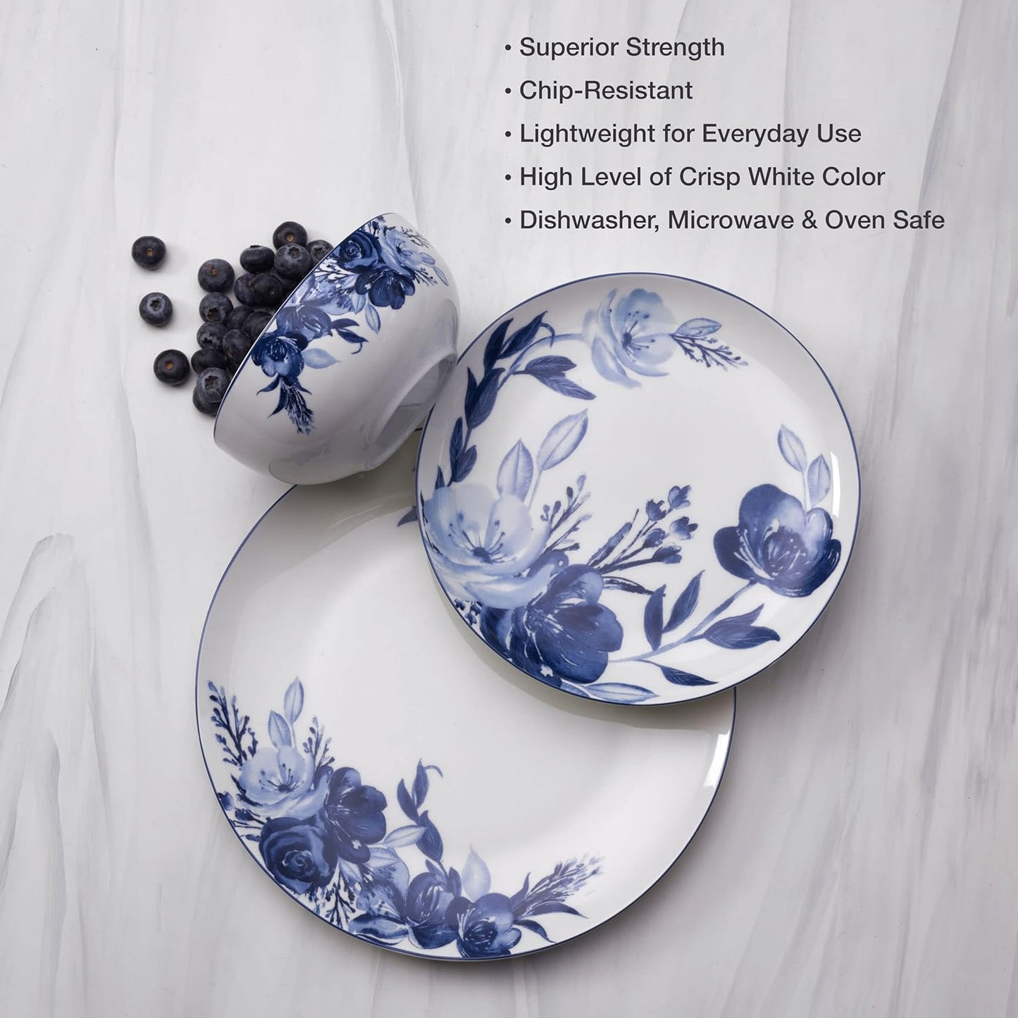 Mikasa Darcy Bone China Lightweight Chip Resistant 12 Piece Dinnerware Set, Service for 4,Blue and White
