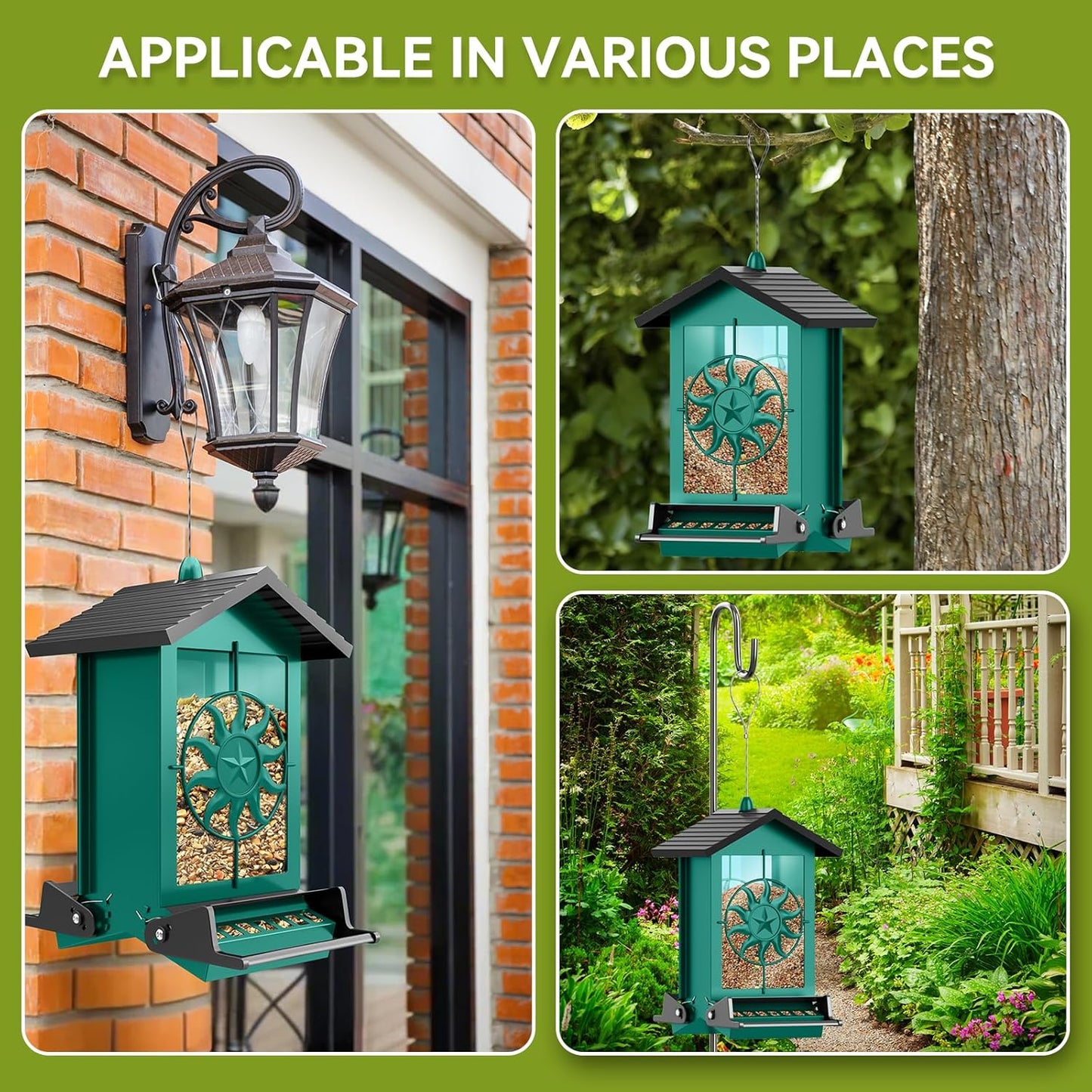 Metal Squirrel Proof Bird Feeders for Outdoors With Weight-Activated, 5LB Large Wild Bird Feeders for Cardinals,Blue jay,Finch, Weatherproof Durable Hanging Bird Feeder for Backyard,Garden,Patio-Green