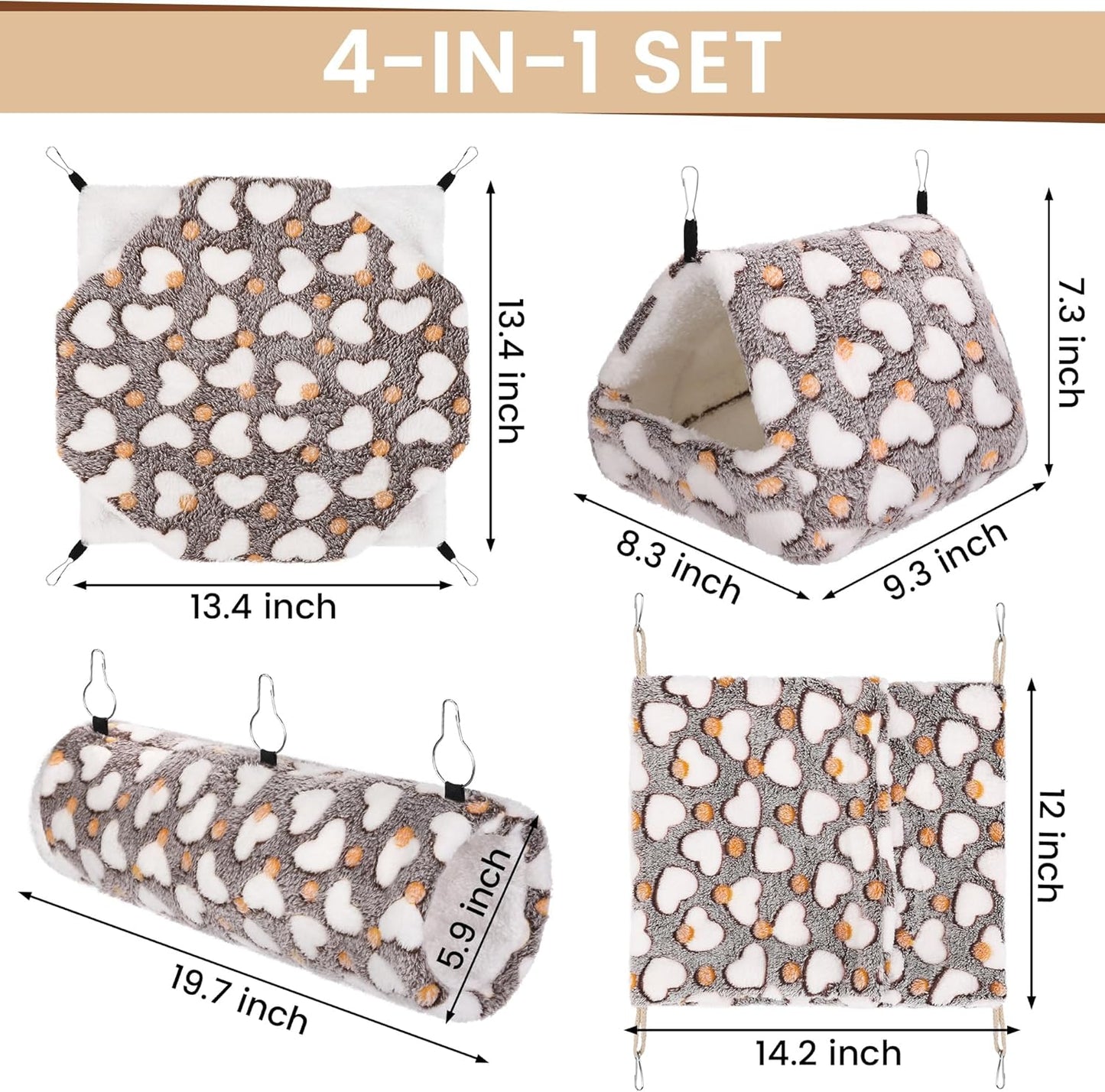 MCEAST 4 Pieces Small Pets Cage Accessories Hanging Hammock Sleeping Bag Tunnel and Bed Hideout Set Warm Sleep Nap Sack Bed for Hamster Ferret Squirrel Rabbit