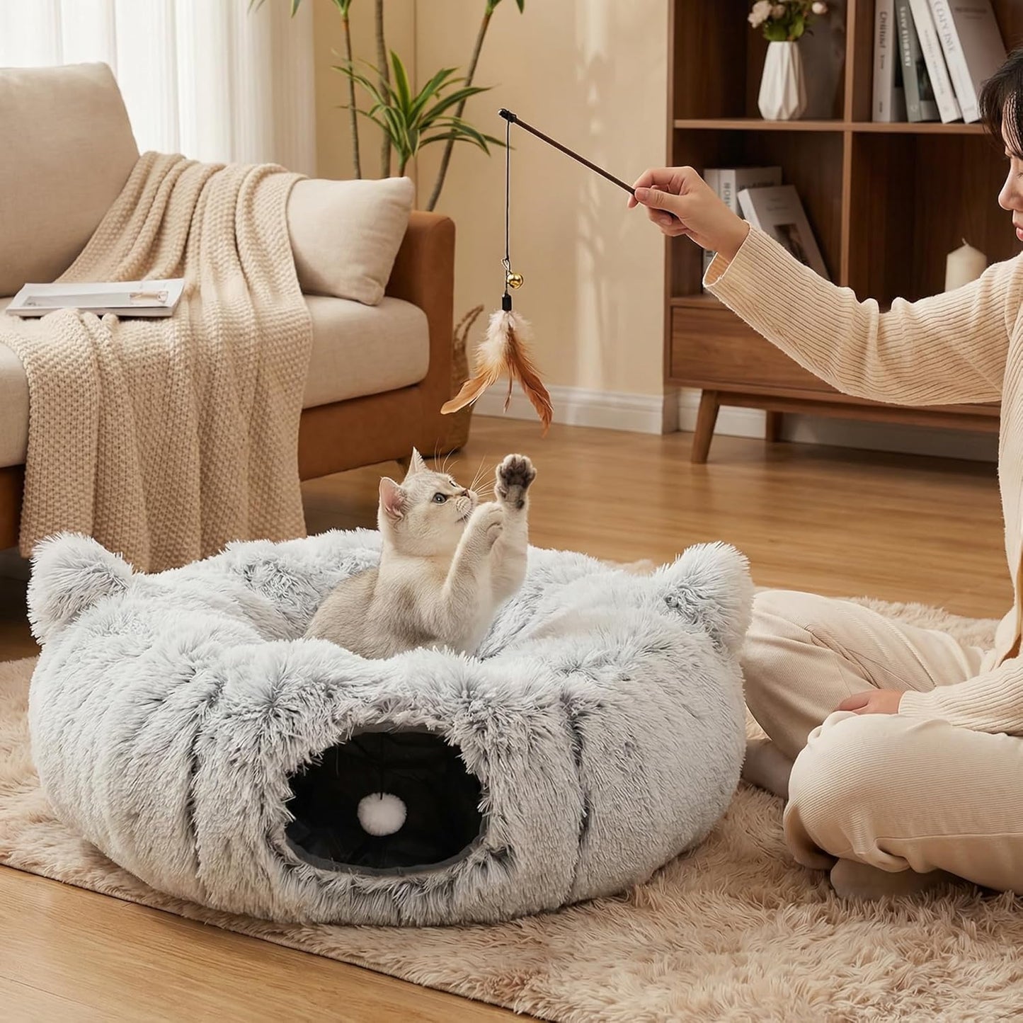 3-in-1 Cat Tunnel Bed Cave with Fun Catnip Interactive Stimulating Kitten Toys for Indoor Bored Cats - Peekaboo Hideaway & Donut Tunnel - Foldable Cute Furry Fuzzy Bed - 32"