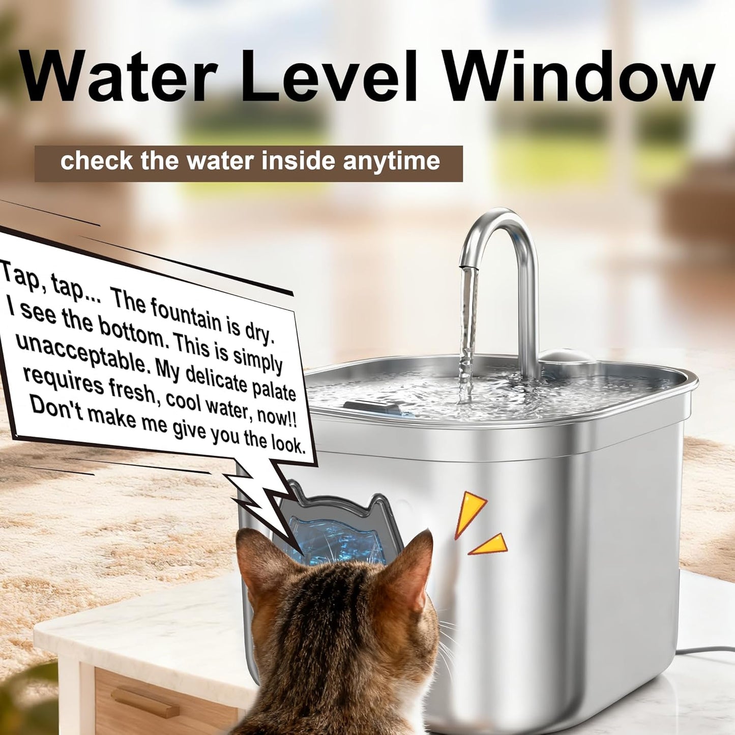 Luxury Automatic Cat Water Fountain for Pets, 2.2L/74oz Stainless Steel Dog Water Dispenser with Filter, BPA Free & Silent, Featuring LED Light, Easy Clean & Cat View Window Black