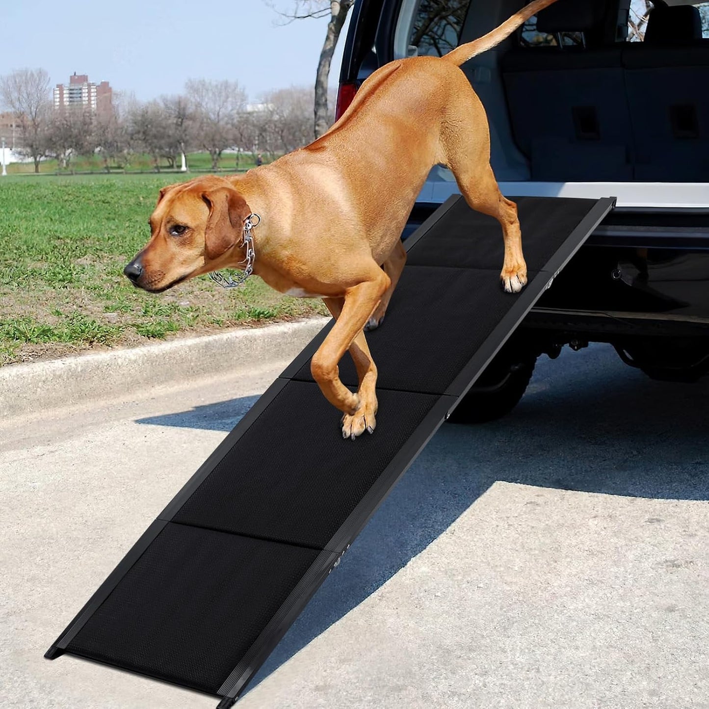 PRETYZOOM Dog Car Ramp 71 Inch Folding Portable Pet Ladder with Wide Non-Slip Steps for Large Dogs Supports up to 300 Lbs Safe Vehicle Access for Cars Suvs Trucks