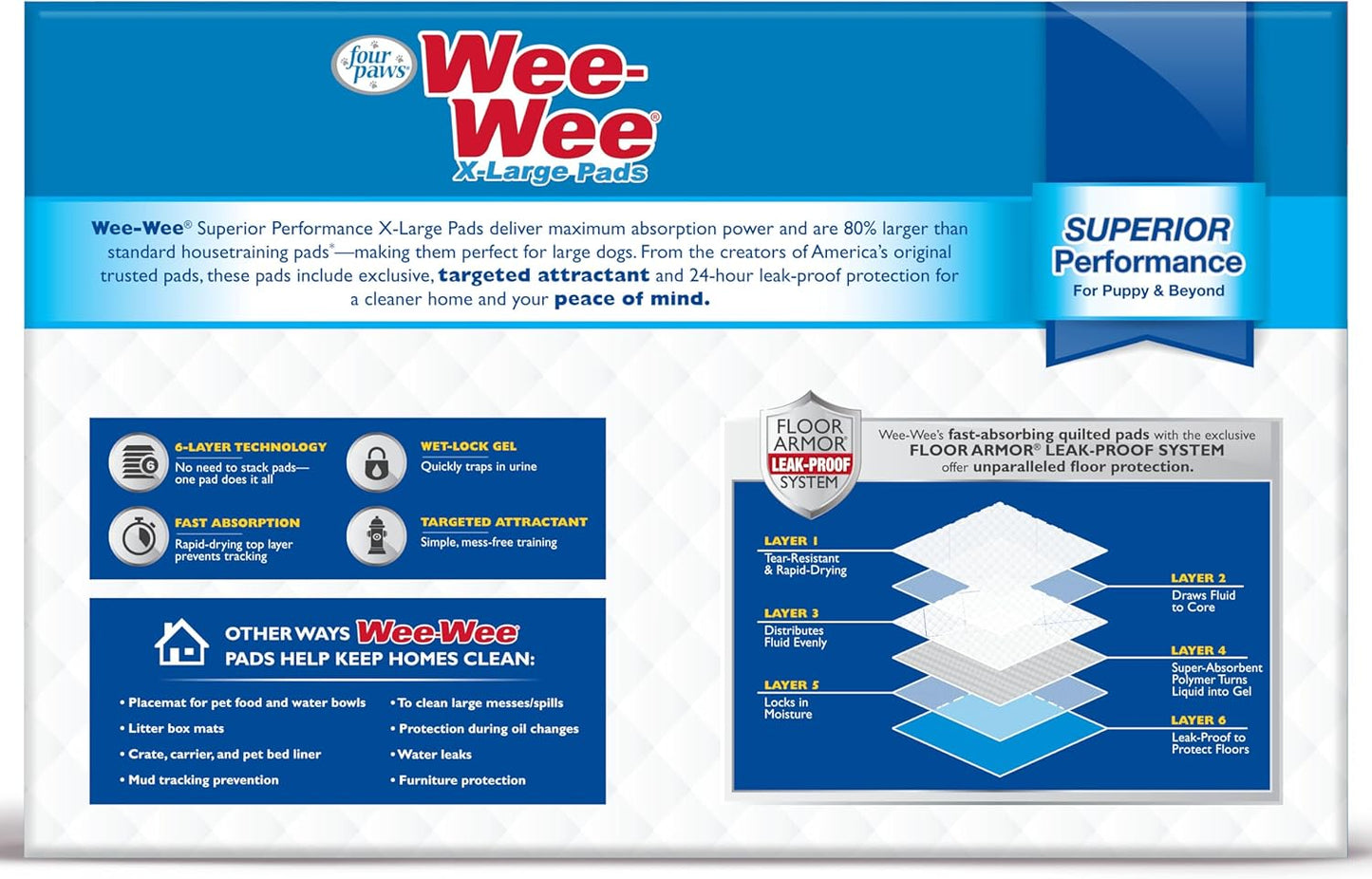 Four Paws Wee-Wee Superior Performance XL Pee Pads for Extra Large Dogs, Leak-Proof Floor Protection Dog & Puppy Quilted Potty Training Pads, Unscented, 28" x 34" (150 Count)