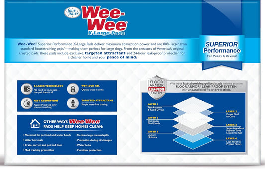 Four Paws Wee-Wee Superior Performance XL Pee Pads for Extra Large Dogs, Leak-Proof Floor Protection Dog & Puppy Quilted Potty Training Pads, Unscented, 28" x 34" (150 Count)