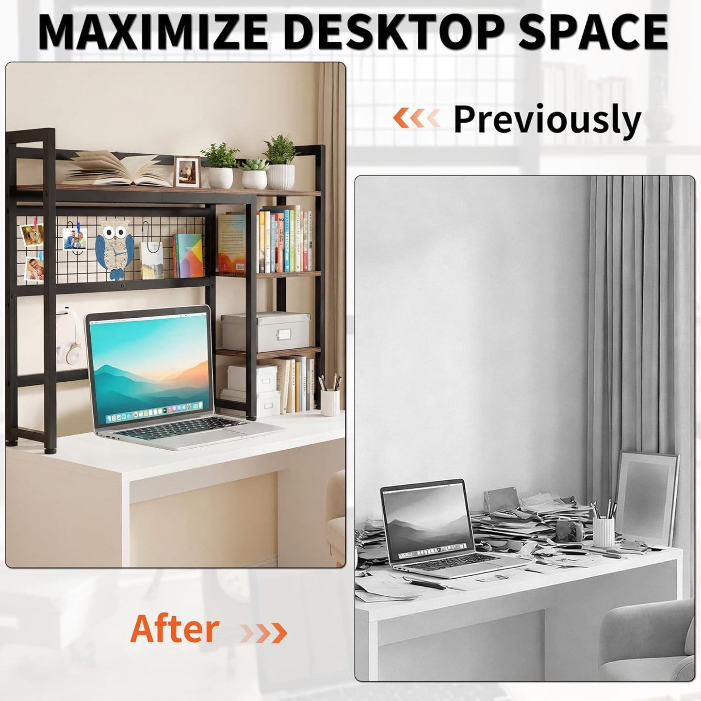Desktop Shelf, 32.3'' Desktop Organizer Shelf for Computer Monitor, 4 Tier Hutch Storage Rack for Home Office Dorm, Rustic Brown