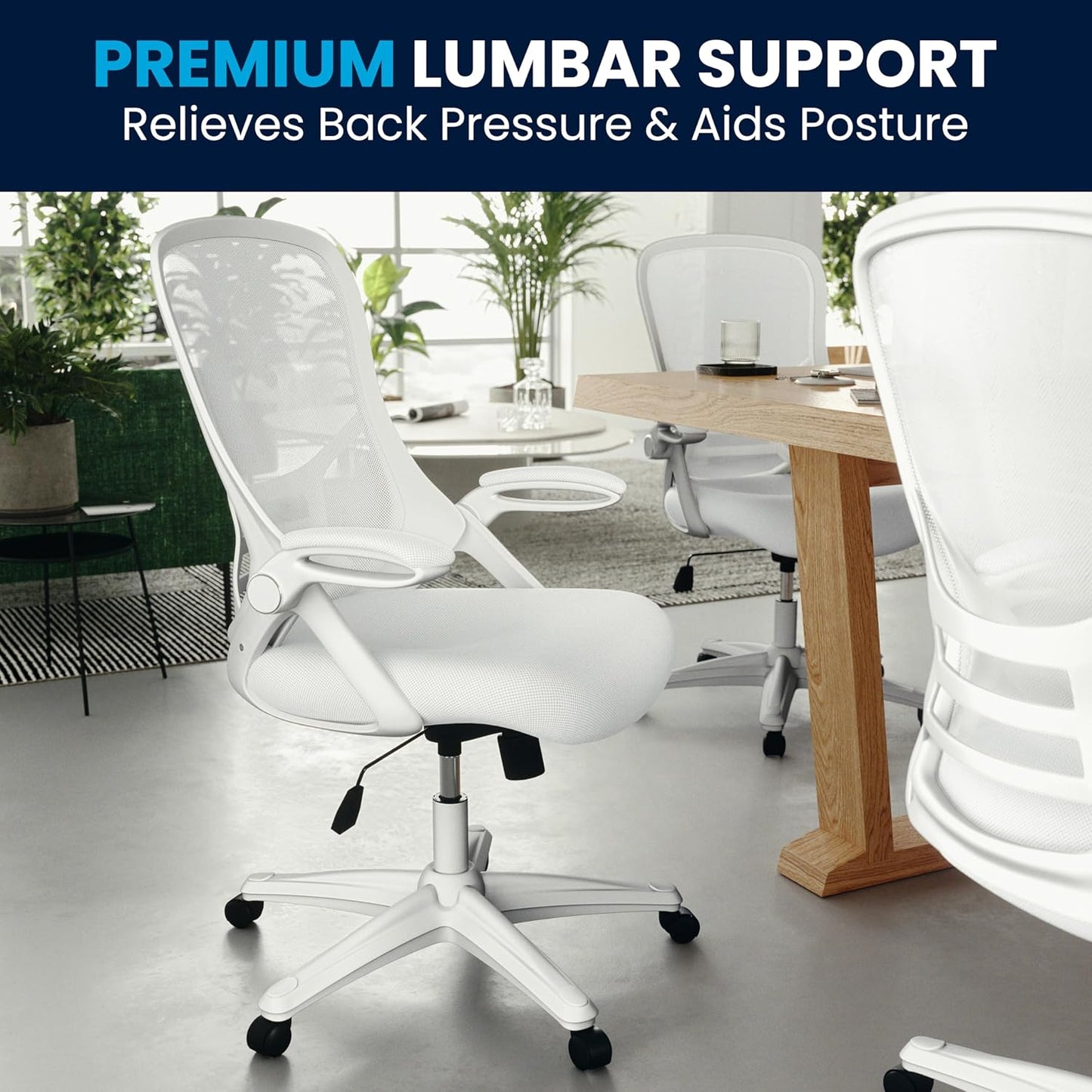 Flash Furniture Porter High-Back Swivel Office Chair with Adjustable Lumbar Support and Height, Ergonomic Mesh Desk Chair with Flip-Up Armrests, White