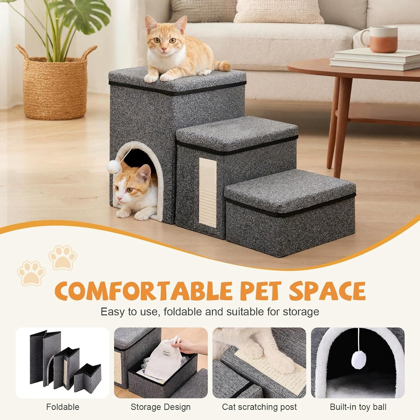 Foldable Dog Stairs for Small Dogs - Adjustable Pet Stairs for Bed or Couch with Storage, Non-Slip Design & Durable Build - Perfect Dog Steps for Mobility & Comfort