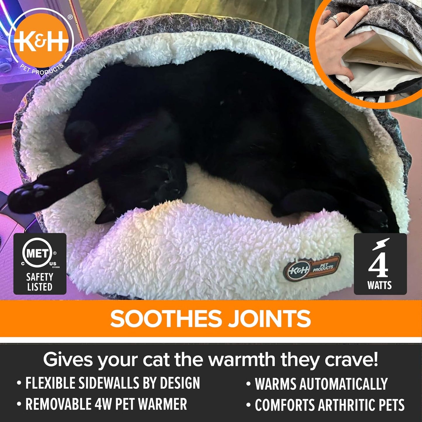 K&H Pet Products Heated Cat Bed Indoor, Thermo-Snuggle Cup Bomber Soft Heated Pet Bed for Large Indoor Cats and Small Dogs, Machine Washable, Waterproof Heated Pad, Safety Listed - 18 X 14in Gray