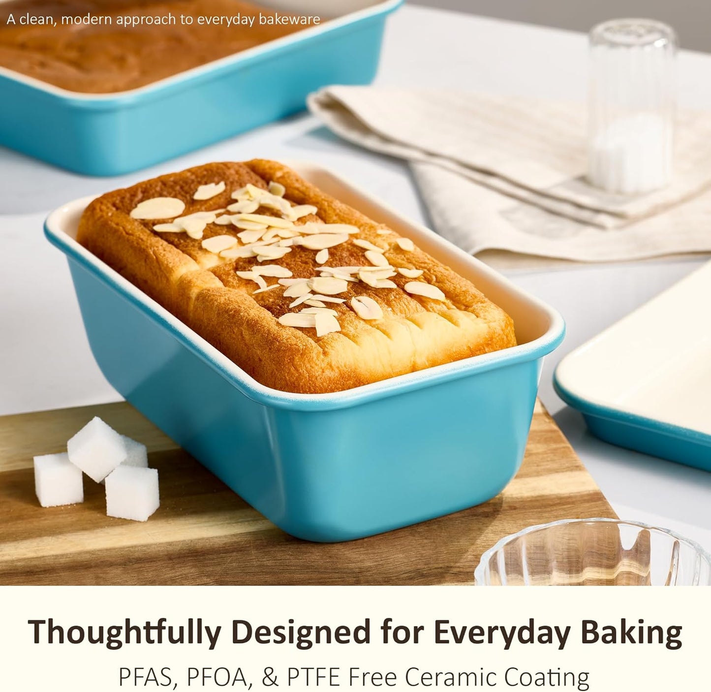 CAROTE 6-Piece Nonstick Ceramic Baking Pans Set - Bakeware Sets Including Cookie Sheets for Baking, Muffin Pan, Bread Pan, Cake pan, Loaf Pan, Cooling Rack, Light Blue & Cream White