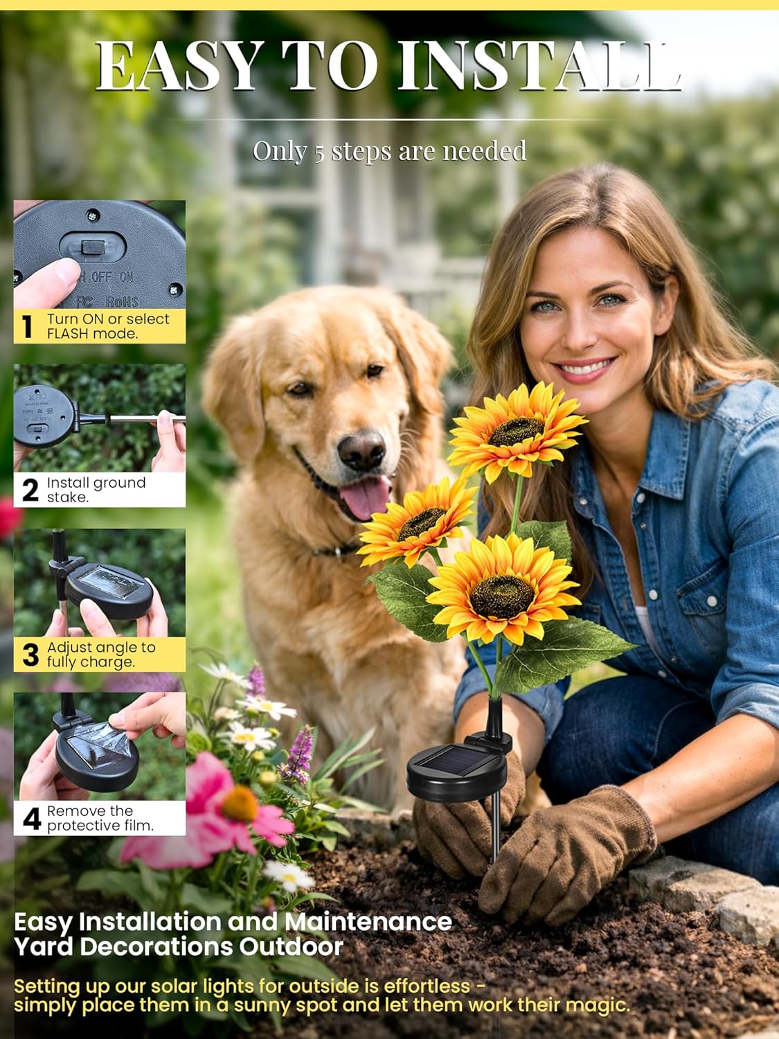 GIGALUMI Solar Garden Lights Artificial Flowers, LED Garden Decor Carefree Sunflower Solar Lights Outdoor Yard Decorations Outdoor, Everlasting Sunflower Decor Gift for Outside Yard Patio (Set of 3)