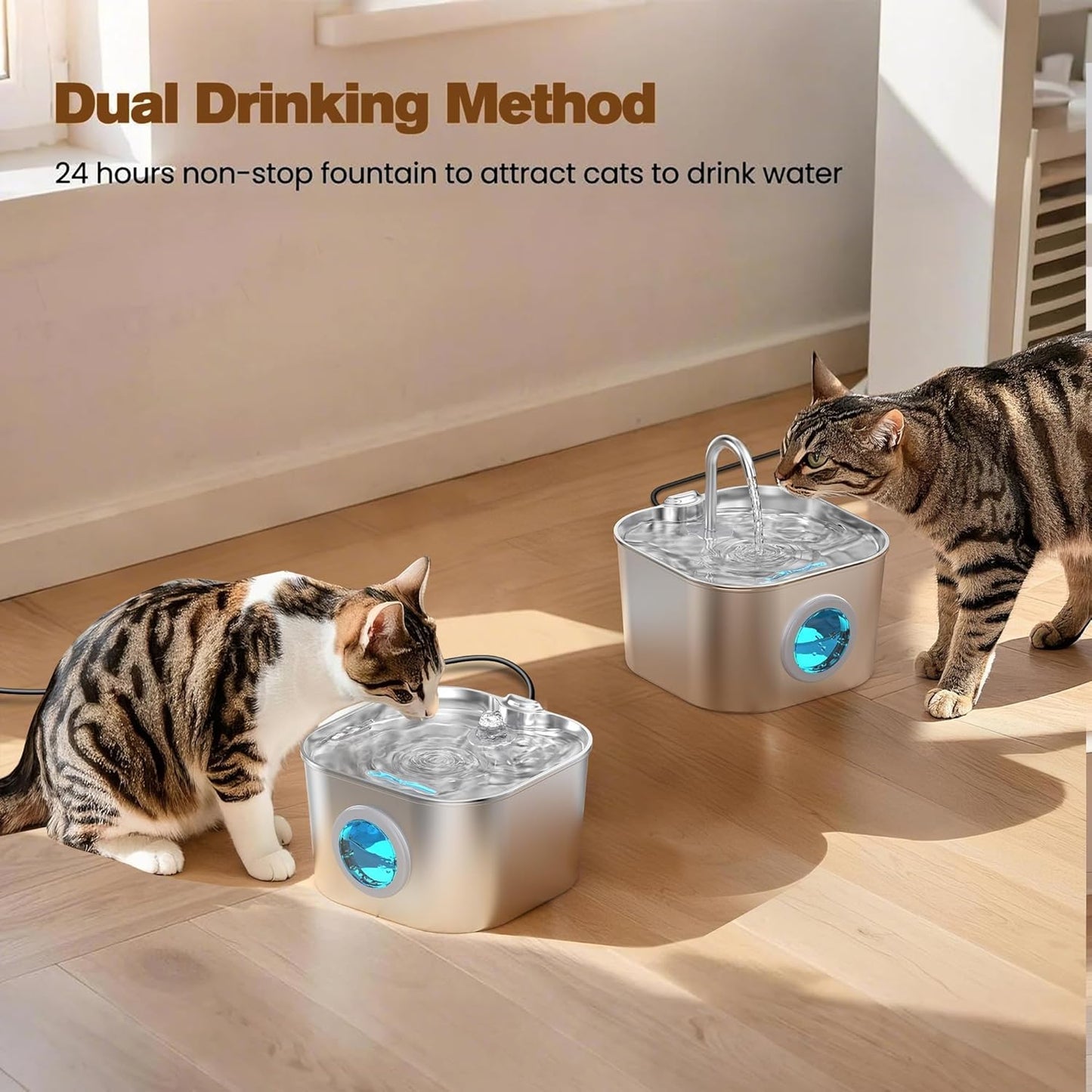 Cat Water Fountain with 8 Filters + 5 Sponges,Small Pet Waterer Dispenser Fountains for Drinking Cats Indoor Metal Automatic Waterer Bowl 24/7 Running Auto Kitty Watering Supplies Quiet Pump