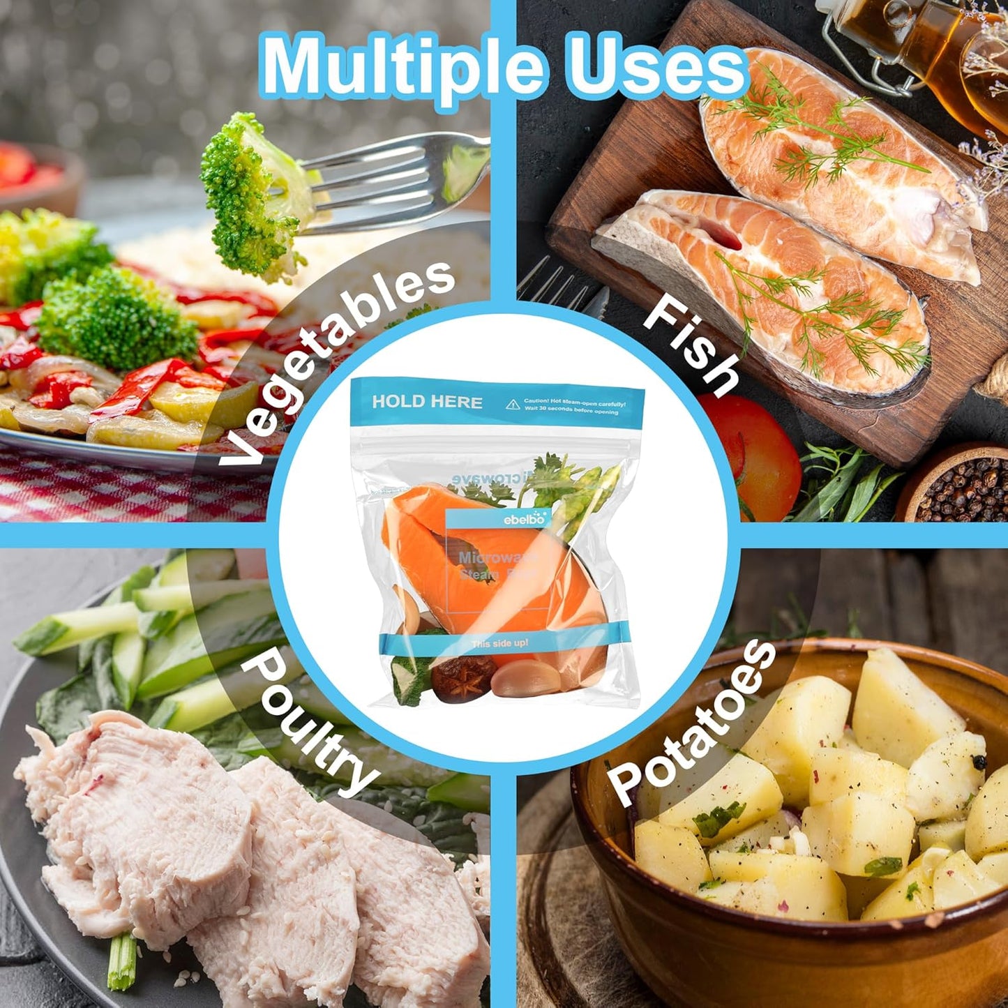 20 Count Microwave Steam Bags 7.3"x7.7" for Cooking and Steaming Regular Type Disposable Food Steamer Bags for Vegetables Potatoes Fish and Poultry