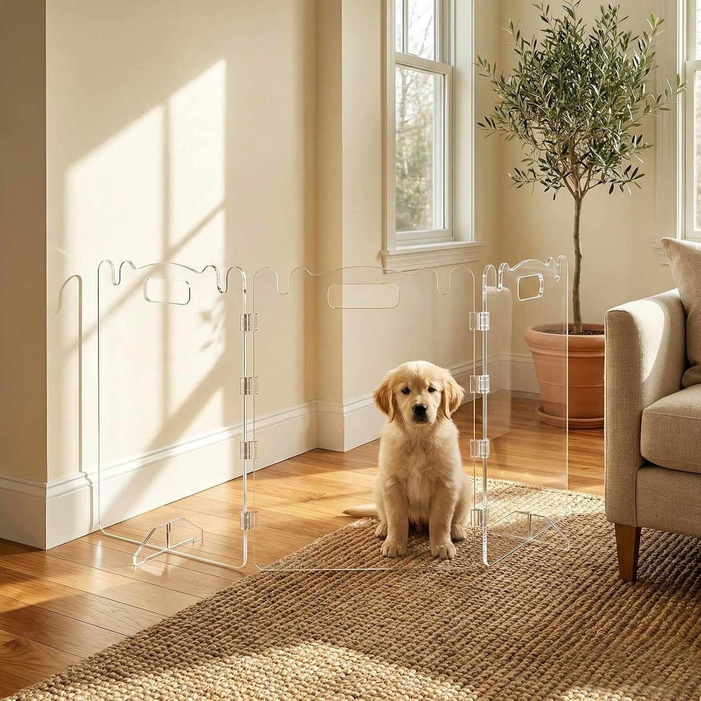 Acrylic Dog Gate, 31in Tall Freestanding Clear Pet Gate for Doorways, Transparent Clear Dog Gate Indoor for Large Openings & Stairs, Foldable Pet Gate for Dogs (3 Panel - 60'' W x 31'' H)