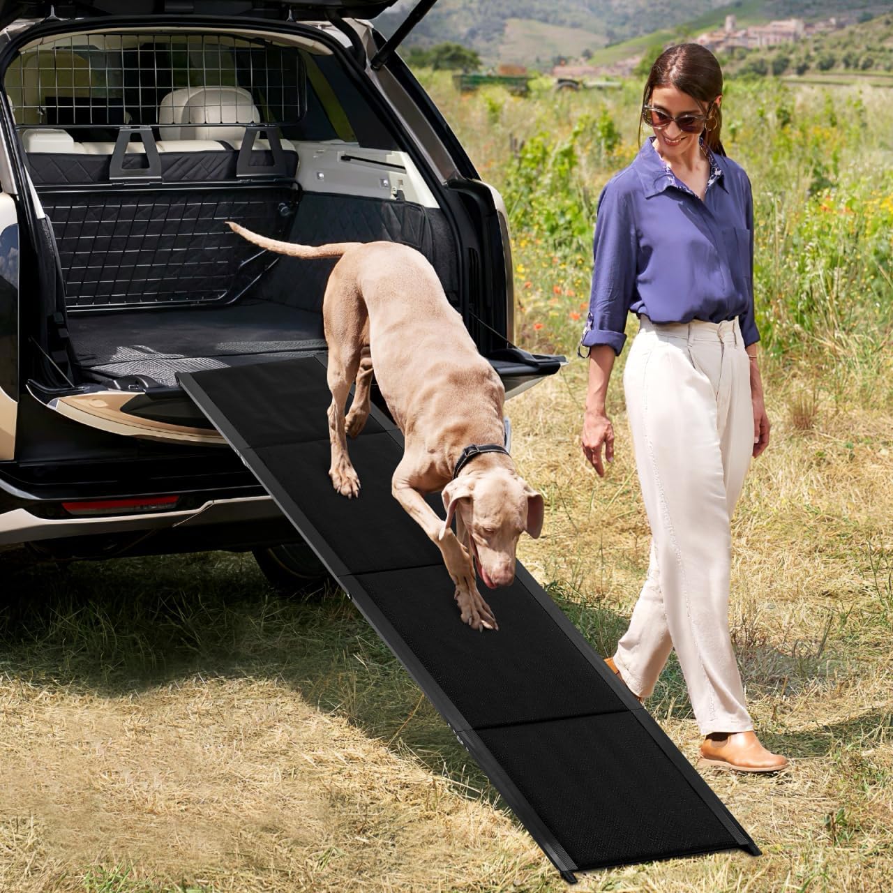 71''x 20'' Dog Ramp for Car, Foliding Dog Ramp with Non-Slip Rug Surface, Extra Wide Long Pet Stairs Supports Up to 300 LBS, Slow Slope Dogs Stairs for SUV, Truck, Large & Senior Pets