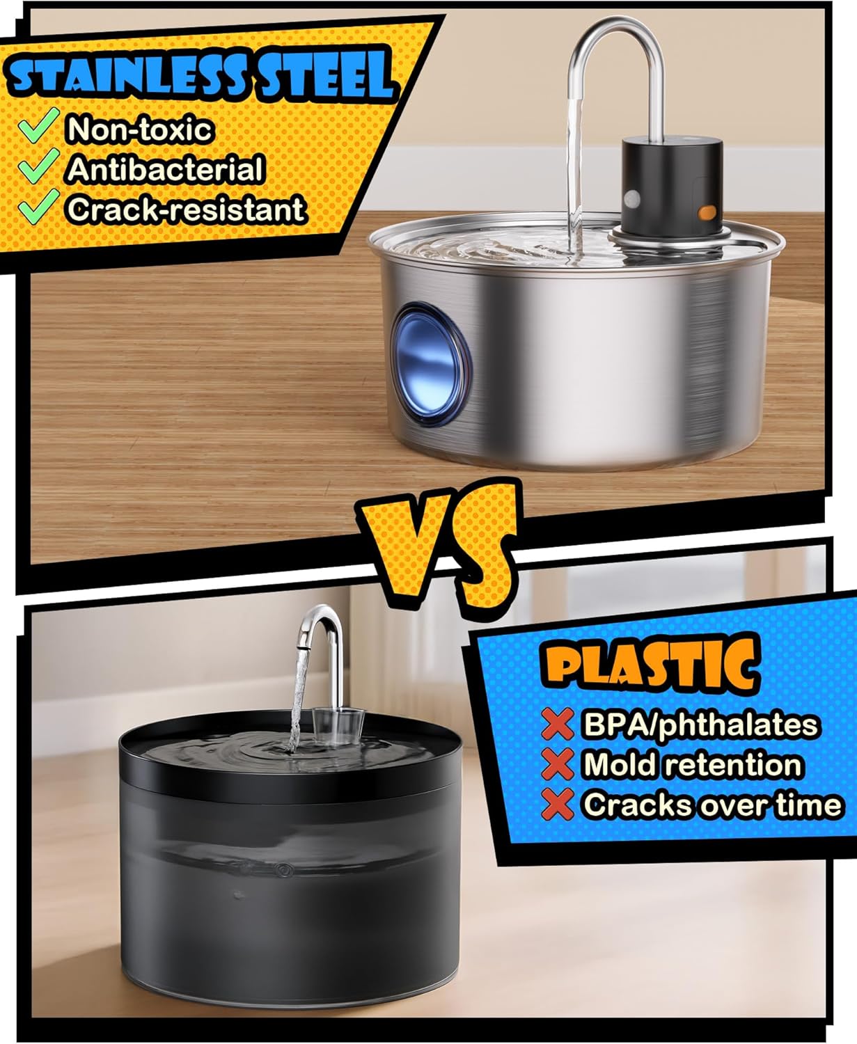 Wireless Cat Water Fountain Stainless Steel, Cordless Automatic Pet Water Dispenser for Cats Indoor, Small Dogs, 108oz/3.2L Rechargeable Pet Drinking Fountain with Motion Sensor