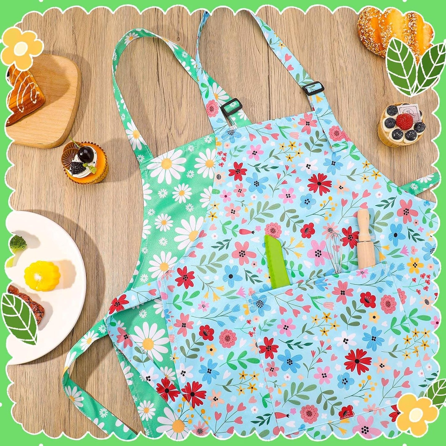 2 Pack Kids Apron, Cute Cooking Aprons, Waterproof Art Apron with Pockets, Toddler Painting Artist Apron Adjustable
