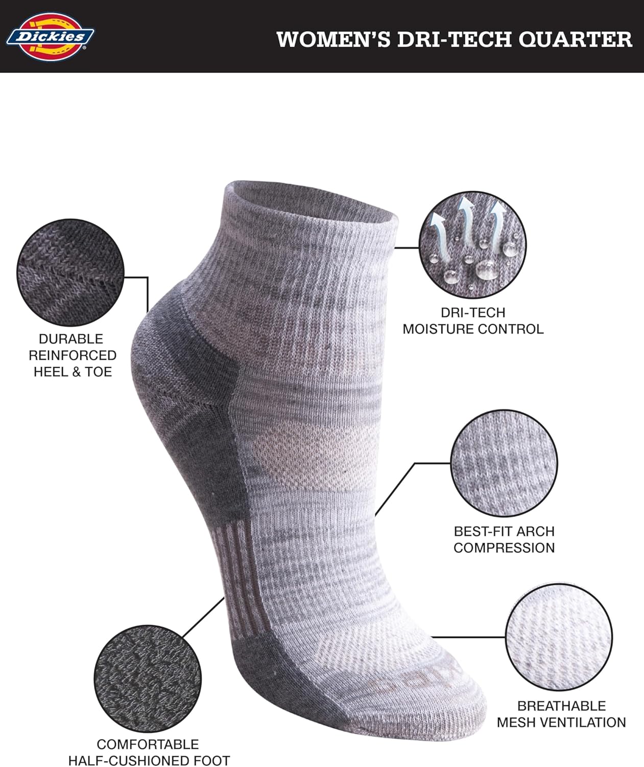 Dickies Women's Dri-tech Moisture Wicking Quarter Socks (6 & 12 Pairs)