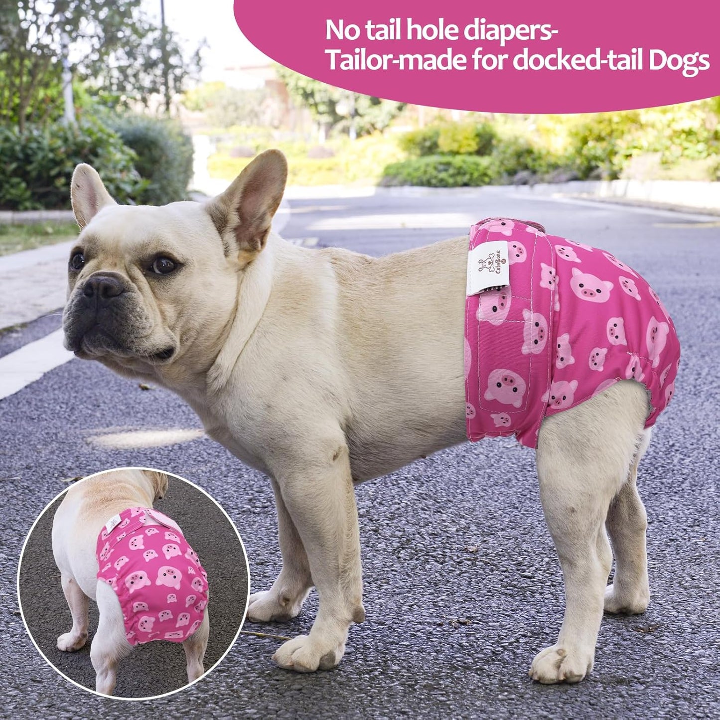 CuteBone Washable Dog Diapers Female No Tail Hole 3 Pack Reusable Doggie Period Training Pants for Docked-Tail Frenchie French Bulldog Boston Terrier Without Tail WWD15M