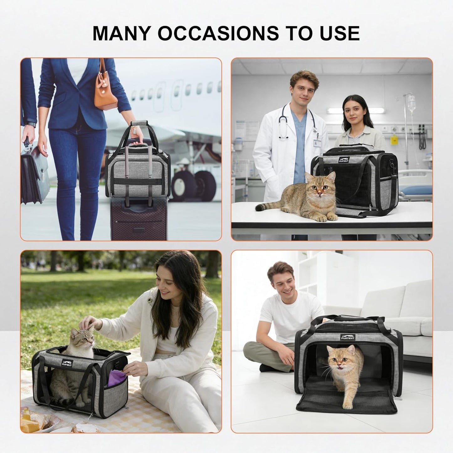 Cat Carrier, Airline Approved Dog Carrier with Top and Side Expansion, 360° Ventilation Soft-Sided Cat Carrier with Safety Leash, Foldable Travel Carrier for Small Cats and Dogs,Grey