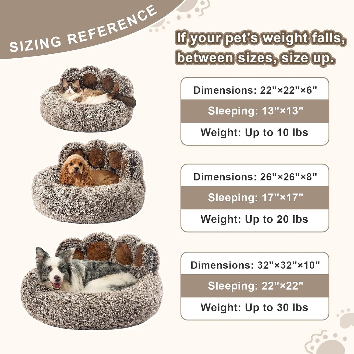 Jiupety Paw Shape Calming Pet Bed, Plush Faux Fur Donut Bed for Dogs & Cats, Machine Washable, Non-Slip Bottom, Large Size (26"×26"×8"), Gray