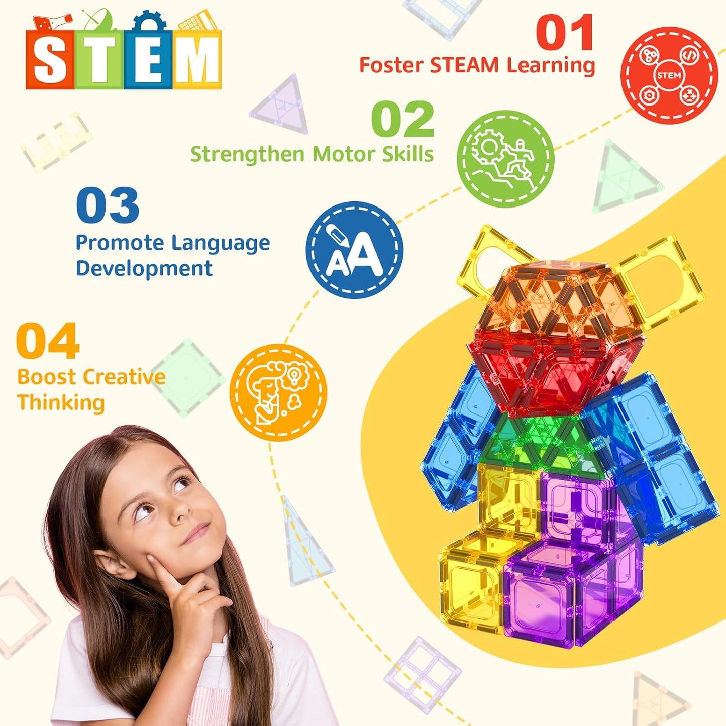 Coodoo 60 PCS Magnetic Building Tiles Kids Toys STEM Magnetic Blocks Sensory Toys Kids Games Magnet Building Toy for Boys and Girls Aged 3+, Kid Brain Development Preschool Kindergarten Toddler Toy