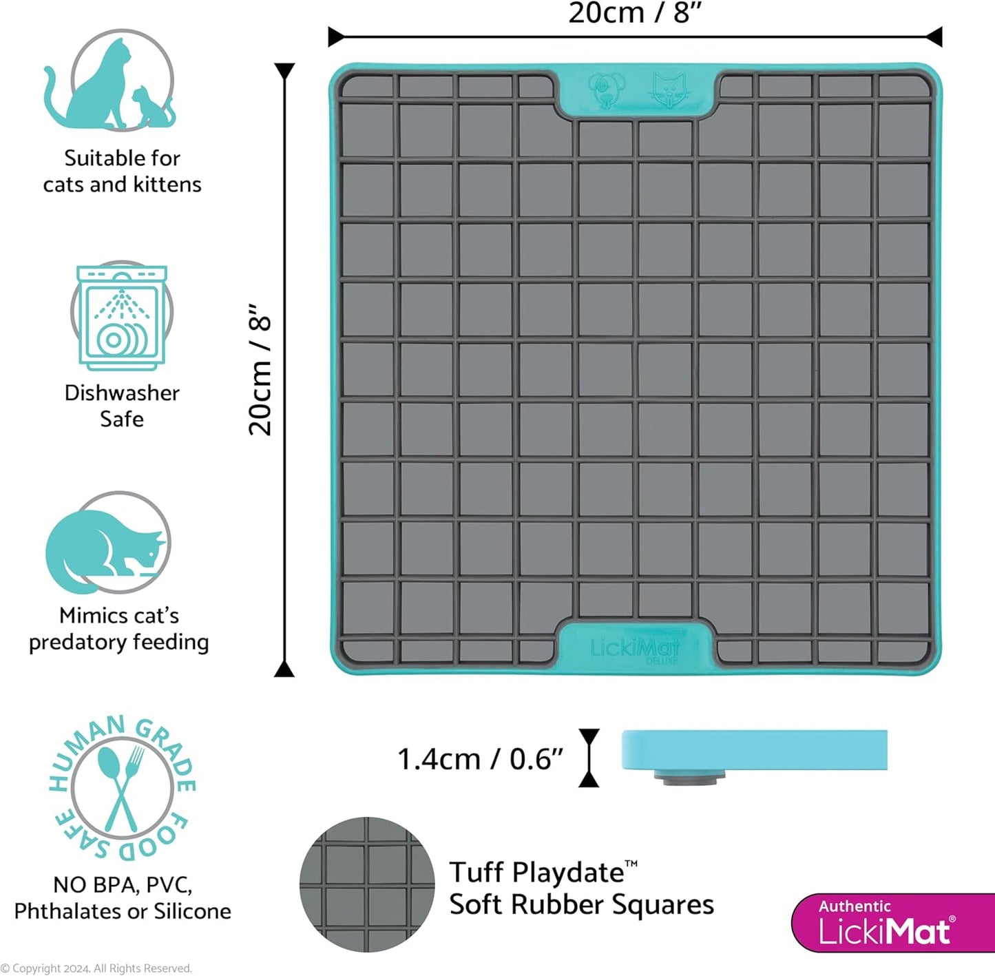 LickiMat Tuff Cat, Heavy-Duty Playdate, Cat Slow Feeder Lick Mat, Boredom Anxiety Reducer; for Food, Treats, Yogurt, or Peanut Butter. Fun Alternative to a Slow Feed Cat Bowl or Dish, Turquoise