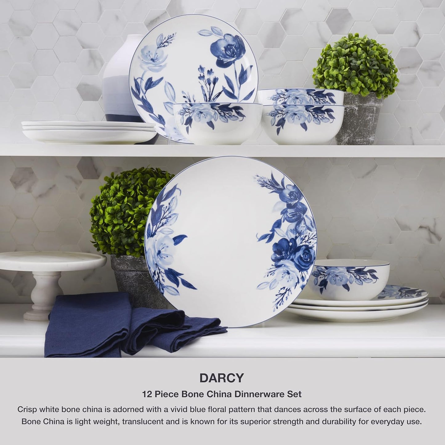 Mikasa Darcy Bone China Lightweight Chip Resistant 12 Piece Dinnerware Set, Service for 4,Blue and White