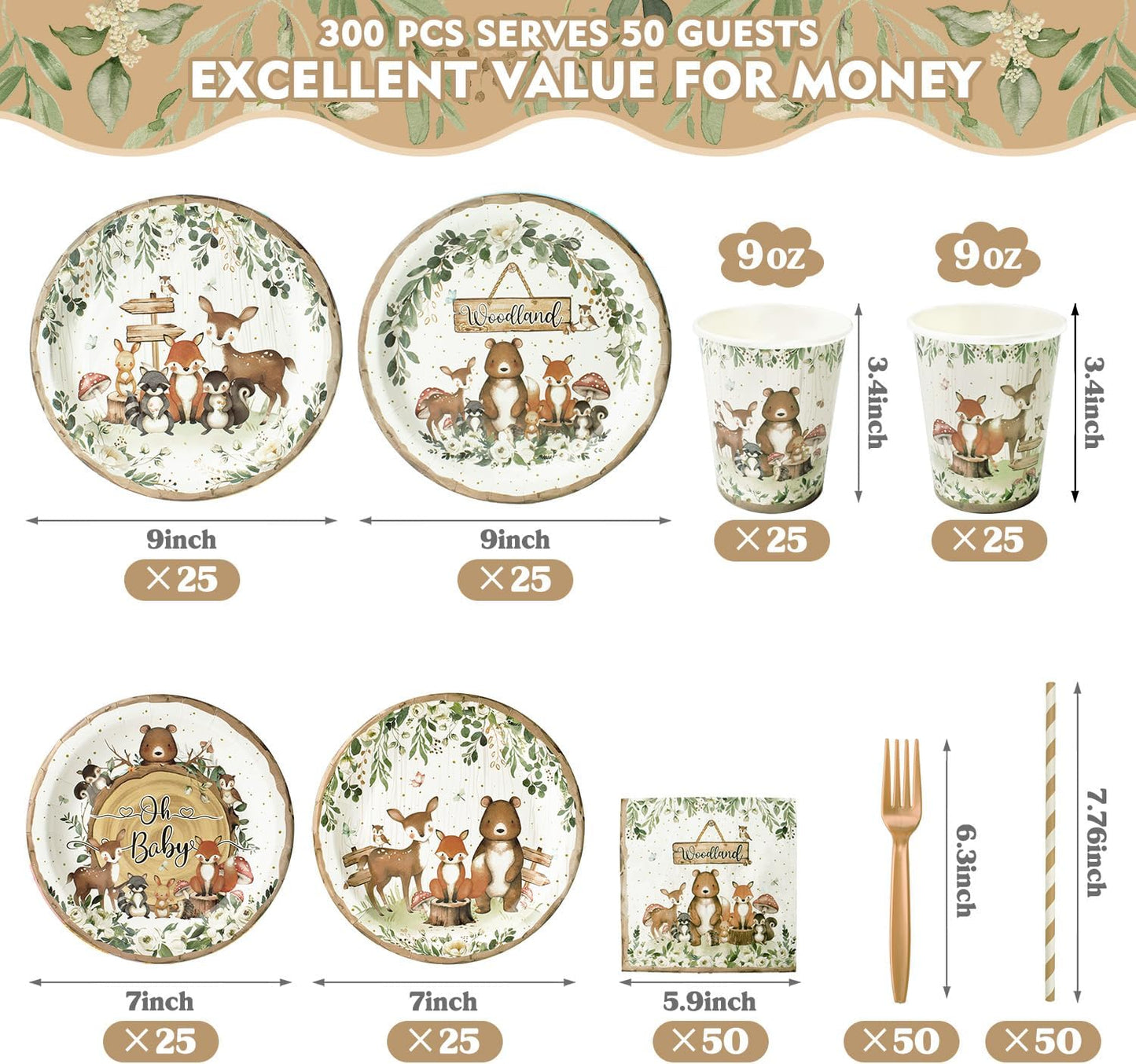 300Pcs Woodland Baby Shower Party Supplies - Serves 50 Guests, Safari Jungle Animal Party Decorations Include Plates and Napkins, Cups, Straws, Forks