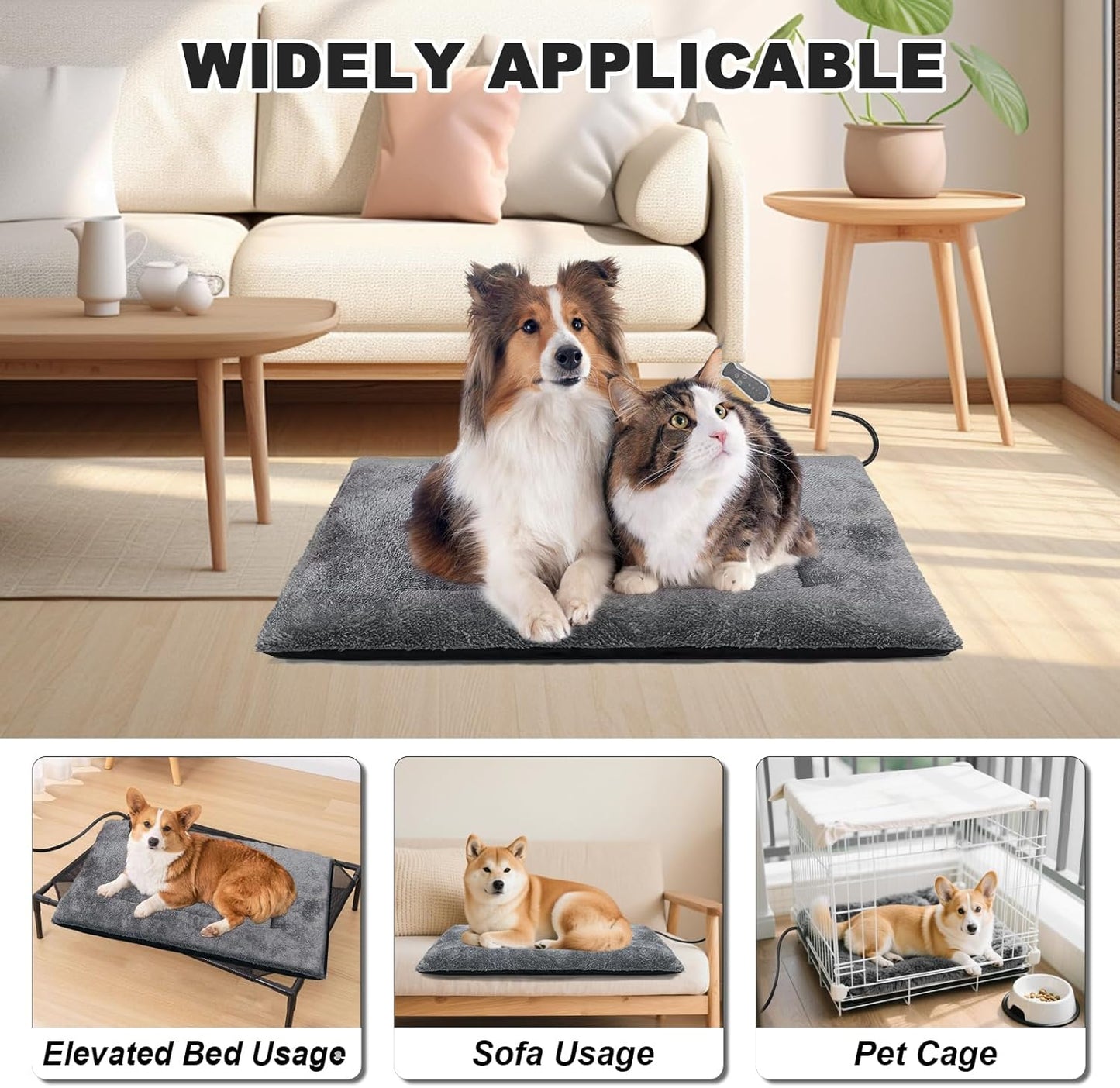 Bestio Heated Dog Bed 32×20x2 in,MET&UL Dual Certified Heated Cat Beds for Indoor Cats and Small Dogs, Heated Pet Bed with Timer & Temp Adjustable, Removable Waterproof Electric Warming Bed