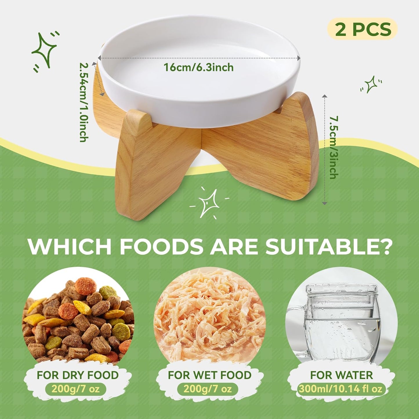 Raised Cat Bowls, 6.3'' Wide Shallow Elevated Cat Food Bowls, Ceramic Anti Vomit Pet Feeder with Stand, Anti Whisker Fatigue Neck Protective Feeding Dish for Kittens & Seniors (2 Pack)