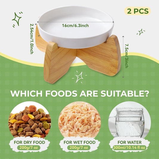 Raised Cat Bowls, 6.3'' Wide Shallow Elevated Cat Food Bowls, Ceramic Anti Vomit Pet Feeder with Stand, Anti Whisker Fatigue Neck Protective Feeding Dish for Kittens & Seniors (2 Pack)
