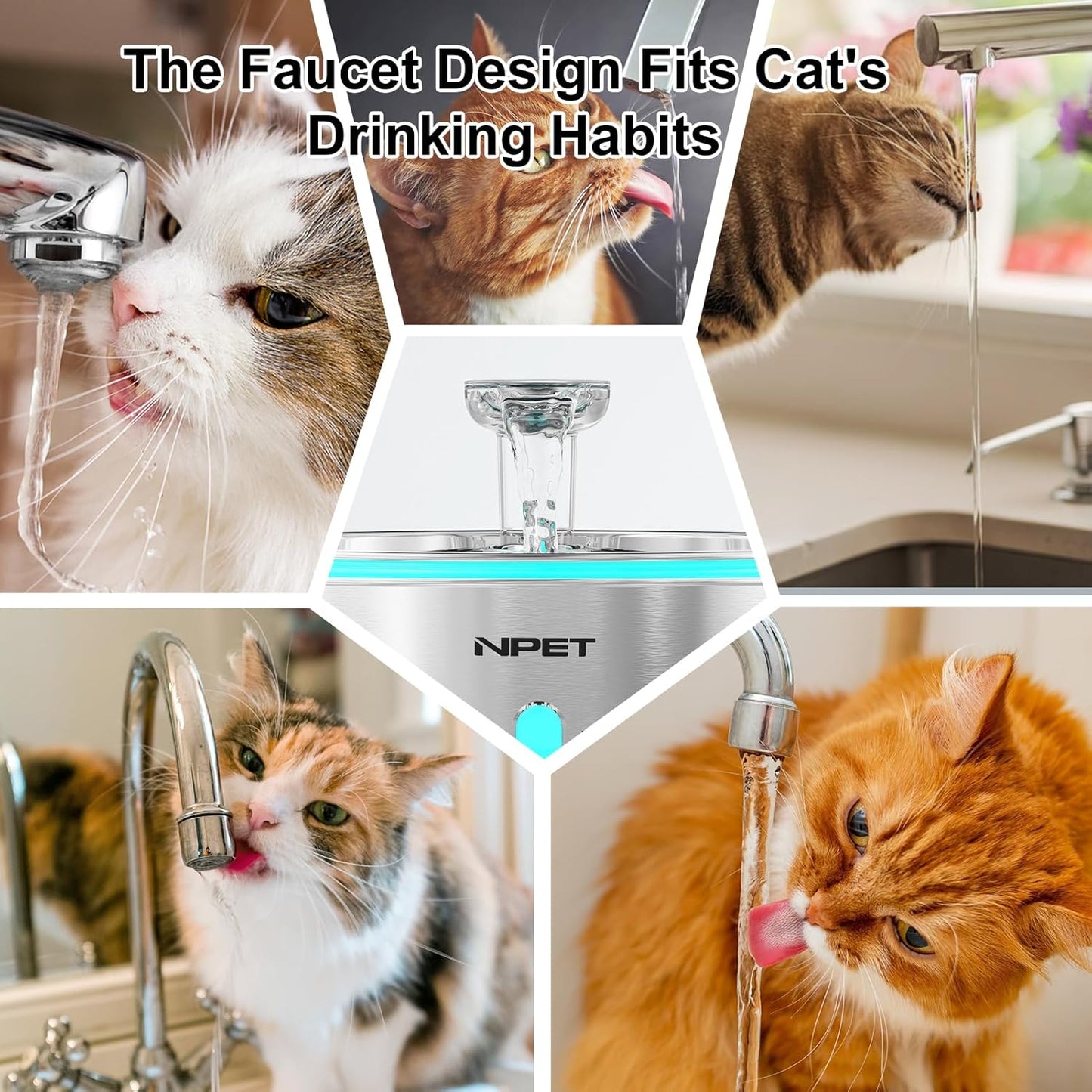 NPET WF210 Cat Water Fountain Stainless Steel, 50oz/1.5L Dishwasher-Safe Pet Water Fountain Ultra Quiet Automatic Cat Water Dispenser with Light for Cats Inside (4 Filters+Fountain(with Adapter))