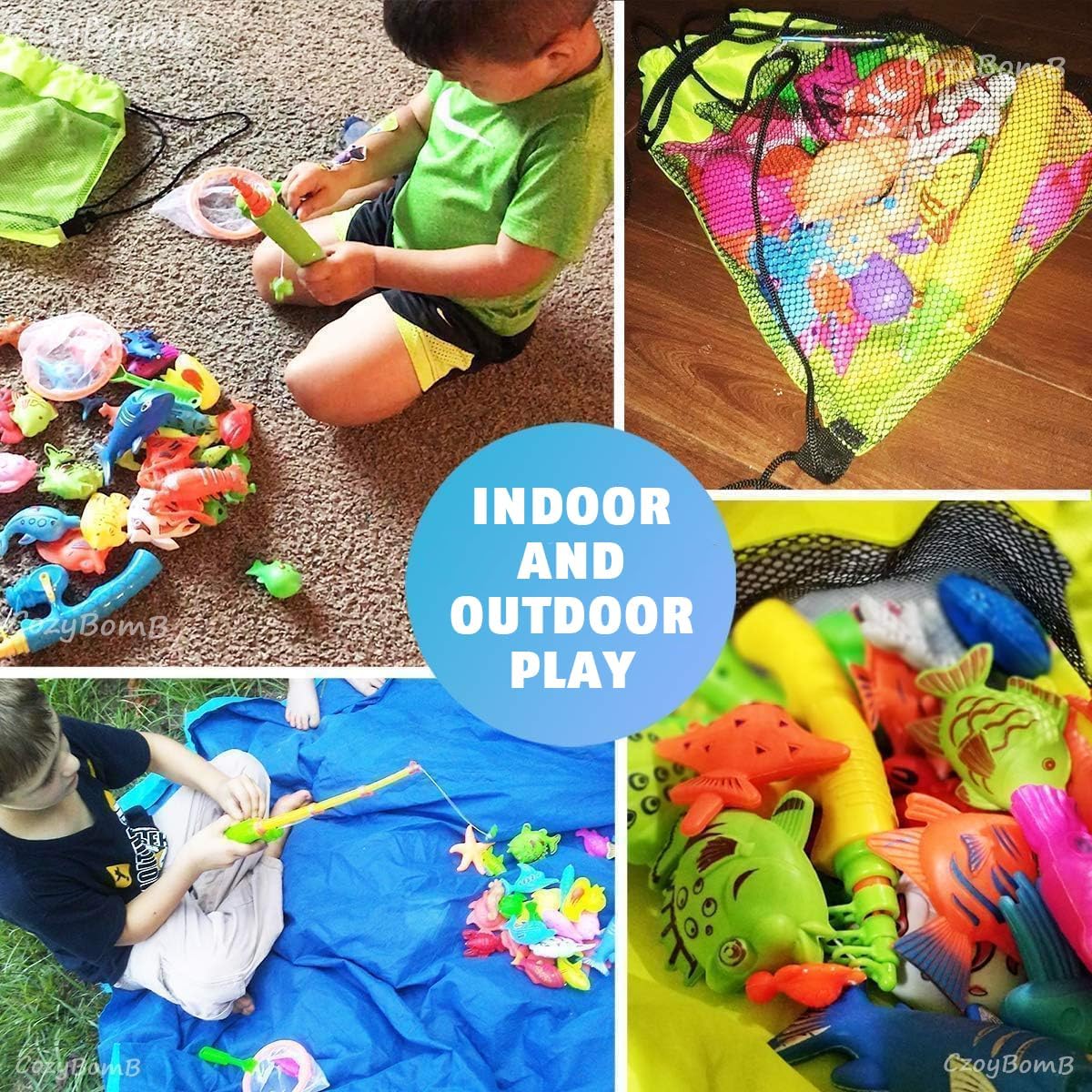 CozyBomB™ Magnetic Fishing Toys Game Set for Kids | Water Table Bathtub Kiddie Pool Party Pole Rod Net, Outdoor Plastic Floating Fish, Toddler Bath Color Ocean Sea Animals Easter Gift Age 3-5 6 4-8