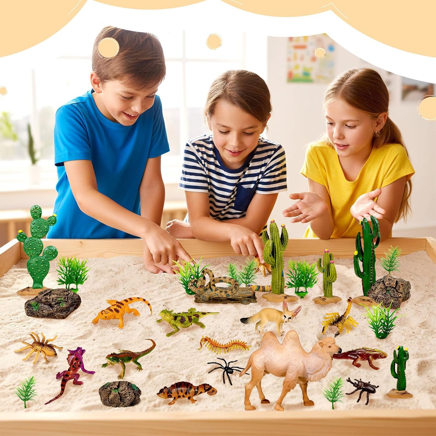 34 Pcs Desert Animals Figurines Set Model Trees Kit Desert Diorama Supplies Animals with Tree and Cactuses Figurines Resin Insects for Diorama Birthday Party