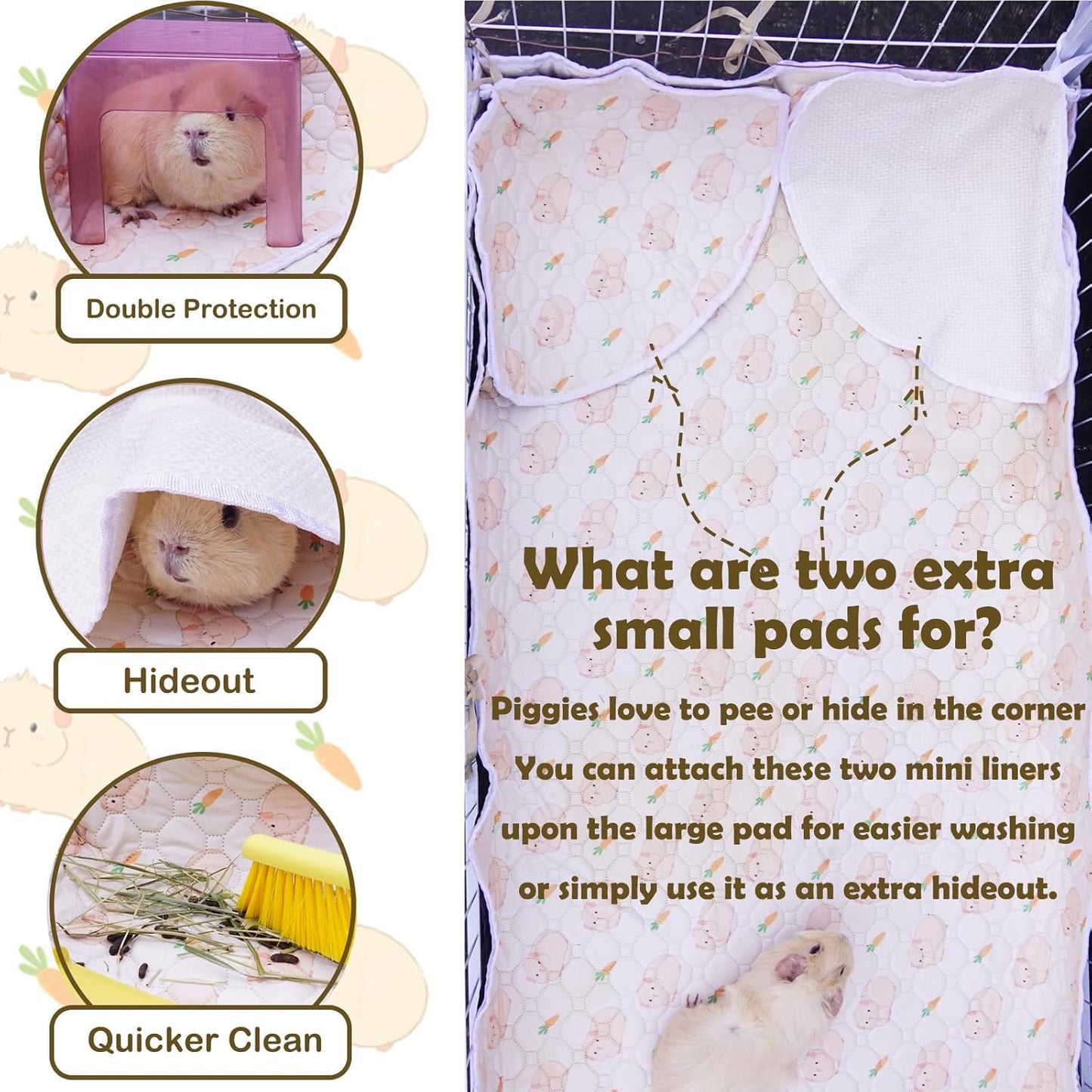 Washable Guinea Pig Cage Liners with High Sides, 24’’×48’’ Reusable Fleece Pee Pads for Guinea Pigs Cages, Rabbits, Bunny, Waterproof & Super Abosorbent Liner Mat for Dog, Ferret, Chinchilla