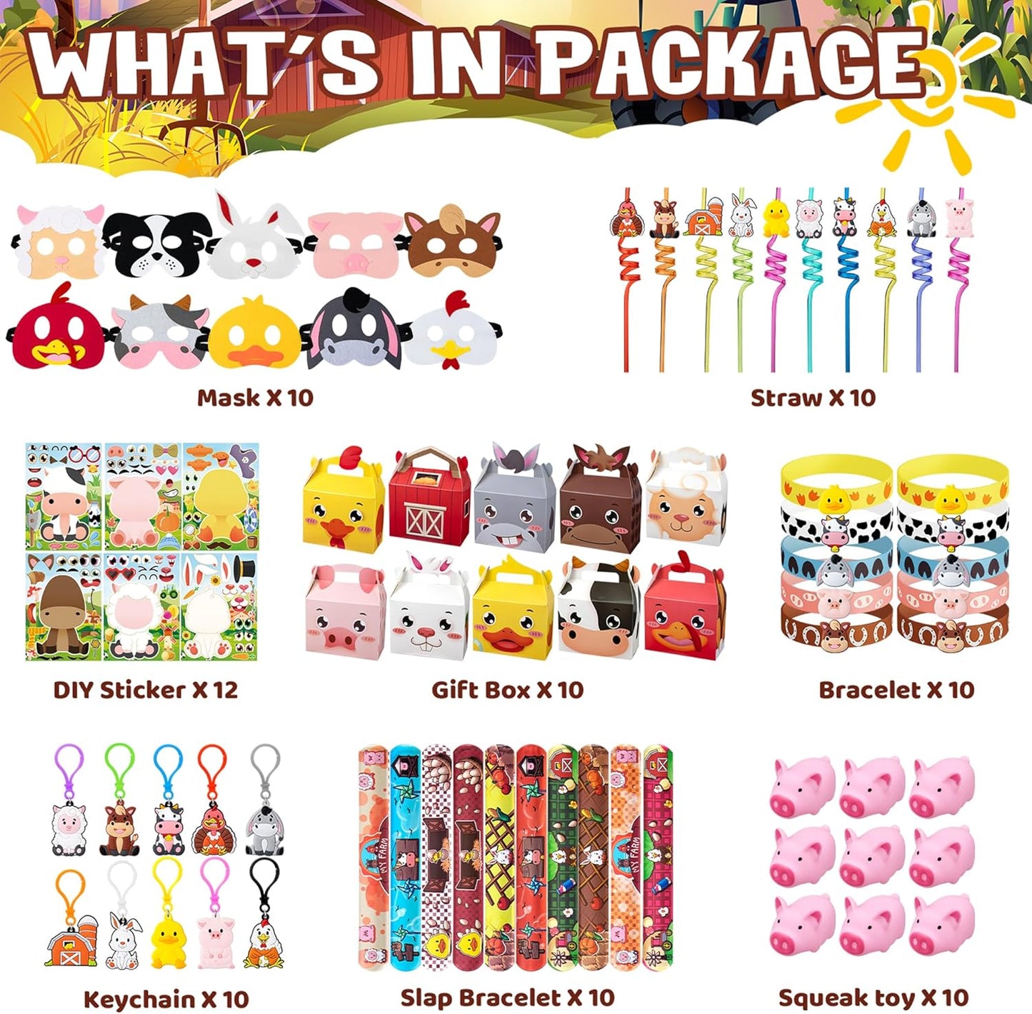 Farm Animals Birthday Party Favors Set 82 PCS Barnyard Animal Masks Sticker Keychains Straw Slap wristbands Rubber Pigs Gift for Kids Birthday Party Baby Shower Goodie Bag Filles Supplies
