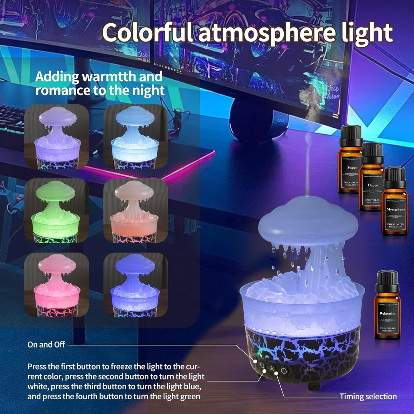 BOHOFAM Aroma Essential Oil Diffuser,Rain Cloud humidifier Simultaneously Water Drip and Air Mist,Rain Diffuser with 4 Hotel Collection Essential Oils for Home,Bedroom,Colorful Light(Black)