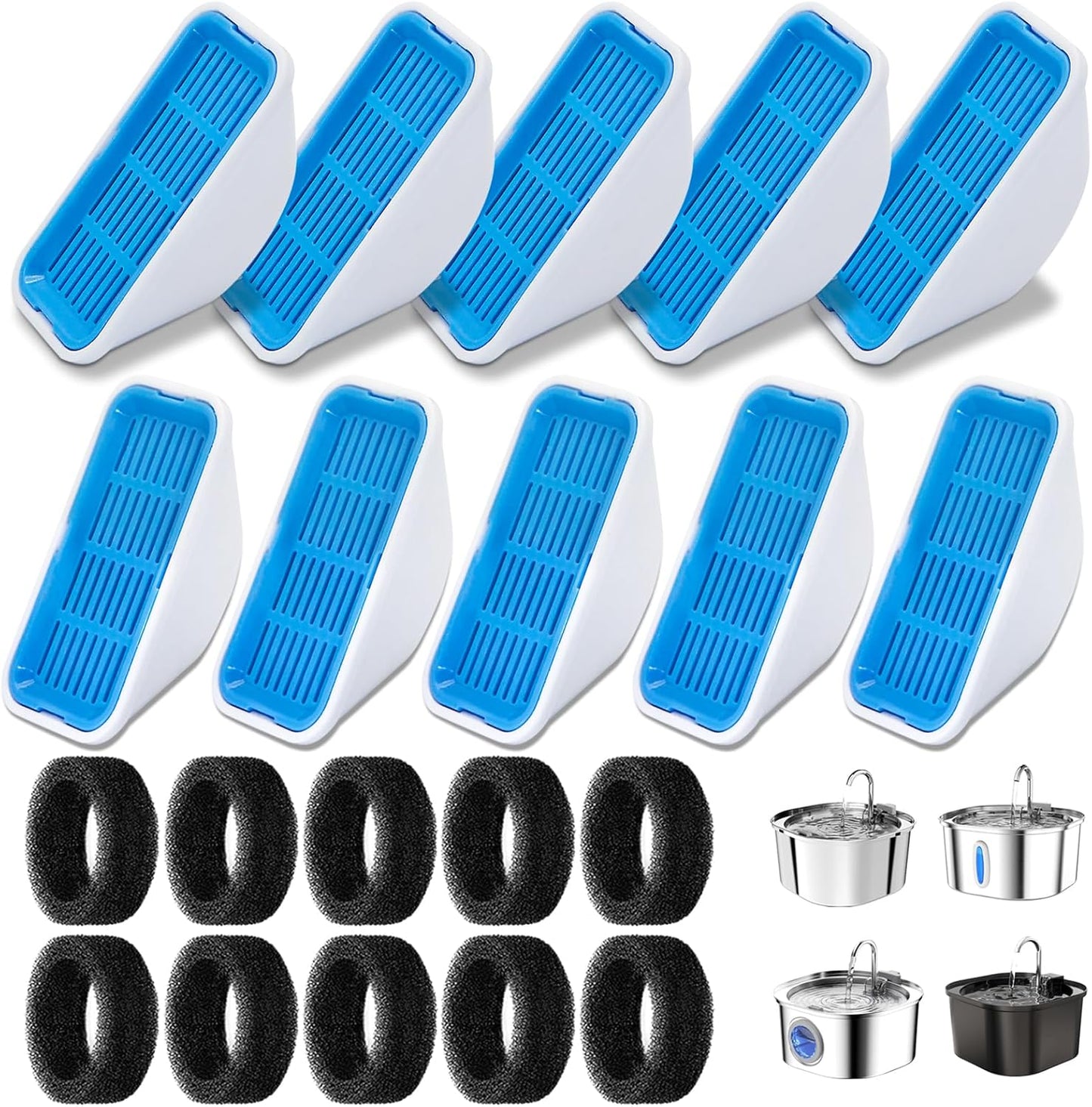 Replacement Filters for 3.2L/2.5L Cat Water Fountain, 10-Pack Filters and10 Pre-Filter Sponges, Multi-Layer Filtration System for Pet Fountain, Removes Impurities and Odors