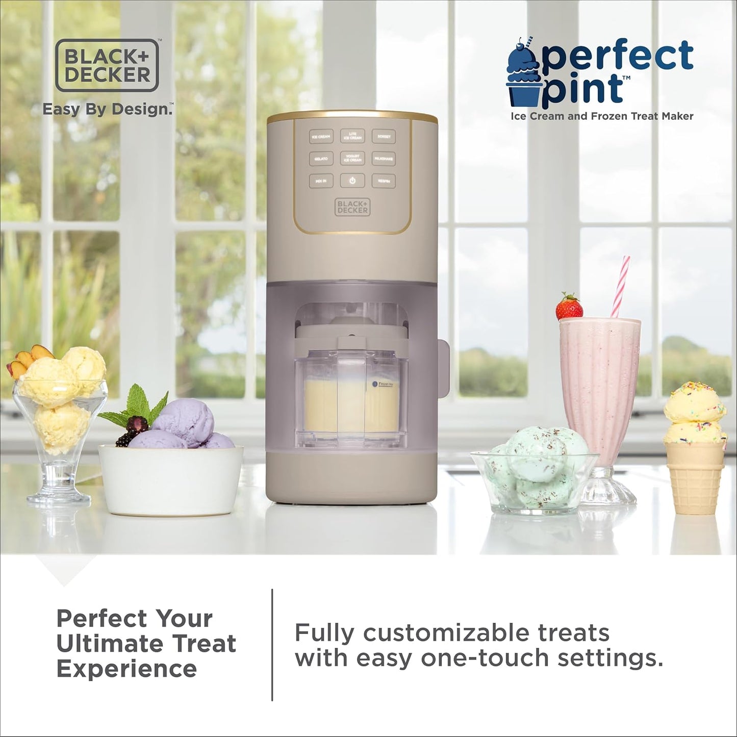BLACK+DECKER Perfect Pint Ice Cream Maker for Homemade Frozen Treats, Gelato, Sorbet, Milkshakes, Frozen Yogurt, Light Ice Cream, Mix-Ins, Dairy-Free, Keto-Friendly Dessert Machine
