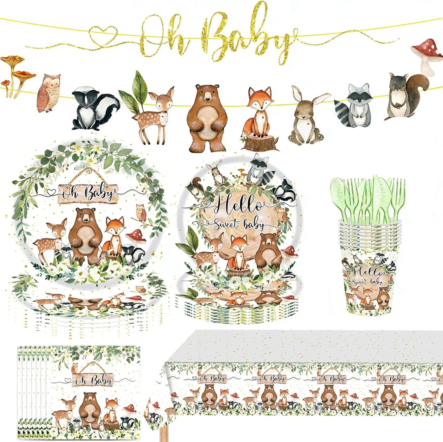 142Pcs Jungle Animals Plates and Napkins Safari Baby Shower Decorations Wild Animals Bear Fox Rabbit Theme Tableware for Toddler Birthday Kids Woodland Jungle Theme Party Supplies,Serves 20