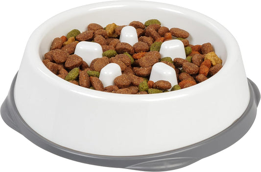 IRIS USA 2-Cup Slow Feeder Bowl, Anti-Choking & Anti-Slip Puzzle Dish for Healthy Digestion, Long Snout Dogs & Cats, BPA & PVC-Free, White/Gray