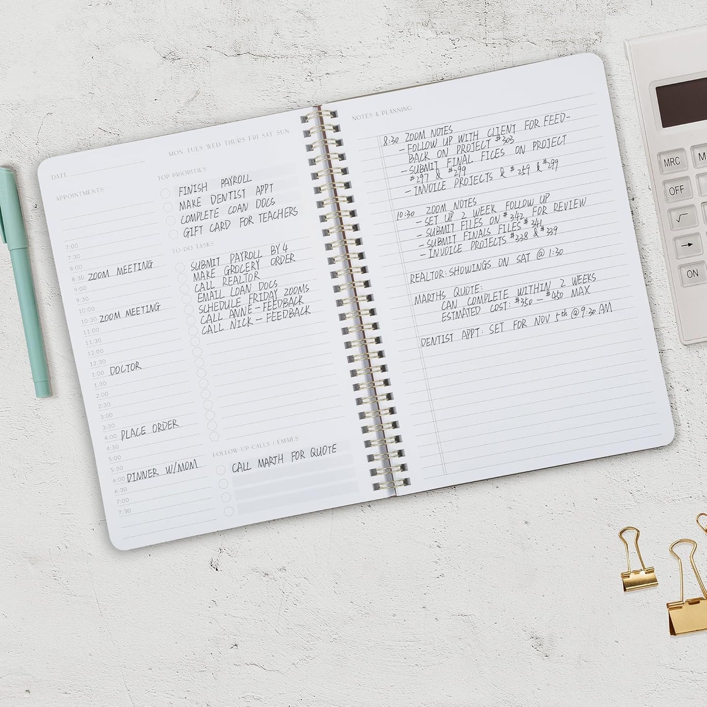ZICOTO Beautiful Daily Planner And Notebook With Hourly Schedule - Aesthetic Spiral To do List Notepad to Easily Organize Your Work Tasks And Appointments - The Perfect Office Supplies For Women