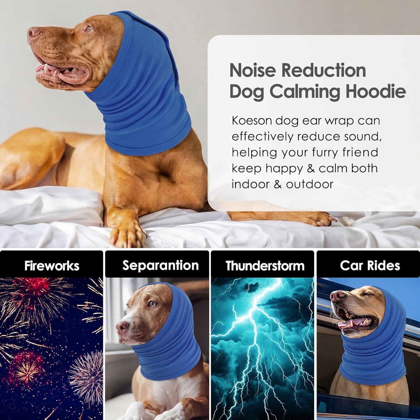 KOESON Adjustable Ear Wrap for Large Dogs, Soft No Shake Dog Ear Wraps Hematoma, Breathable Dog Ear Cover for Noise Protecion, Neck Wounds, Pet Calming Hoodie for Thunder, Firework, Separation