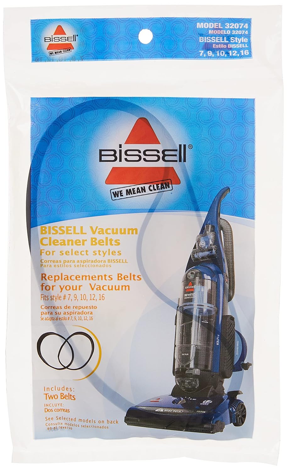 BISSELL Style 7/9/10/12/16 Replacement Vacuum Belts, New Genuine OEM Replacement Belts, 2 Count, Model 32074